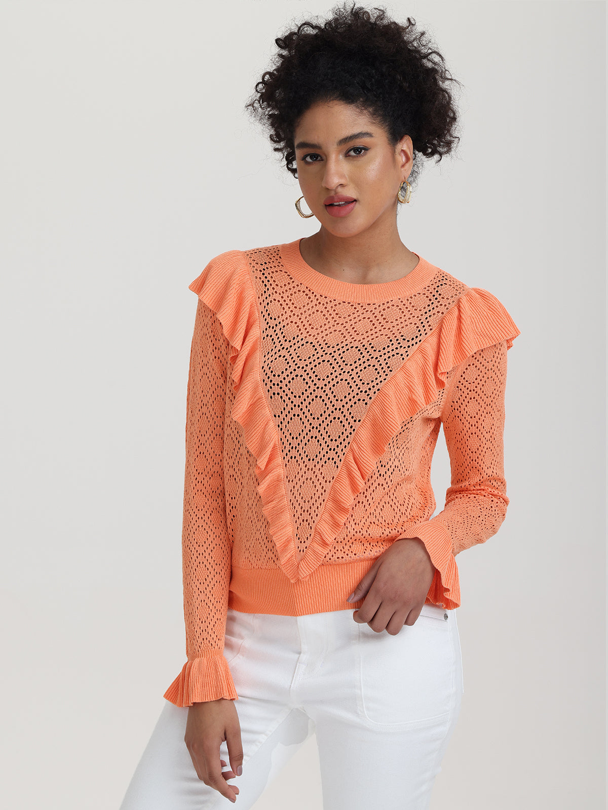 Frances: Women's Ruffle Trimmed Pointelle Knit Sweater - Cozy & Stylish for Fall, Winter & Layering Outfits