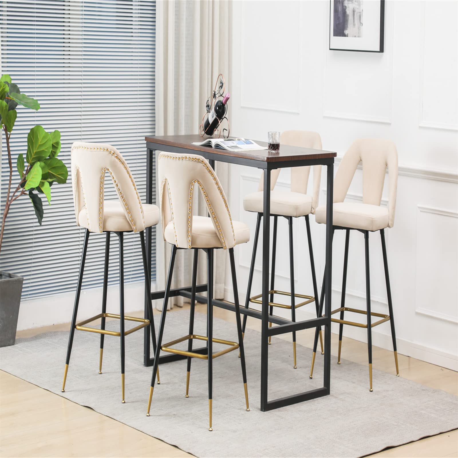 Premium Velvet Bar Stools Set of 2 - Modern Upholstered Counter Height Stools with Footrest, Nailhead Trim & Gold-Tipped Black Metal Legs - Perfect for Kitchen Island, Home Bar & Breakfast Nook (Beige)