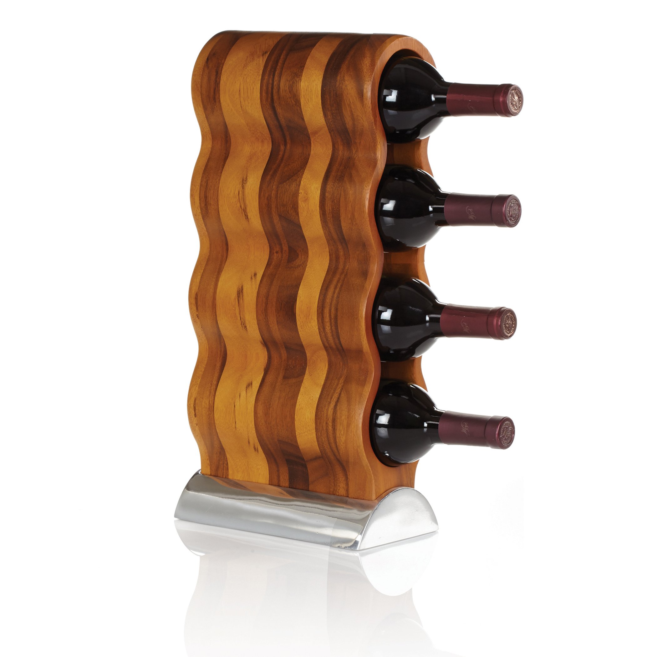 Nambe Curvo Acacia Wood & Silver Alloy Wine Rack - Modern Countertop Wine Bottle Holder for Kitchen, Dining Room & Home Decor - Space-Saving Wine Storage Solution by Steve Cozzolino