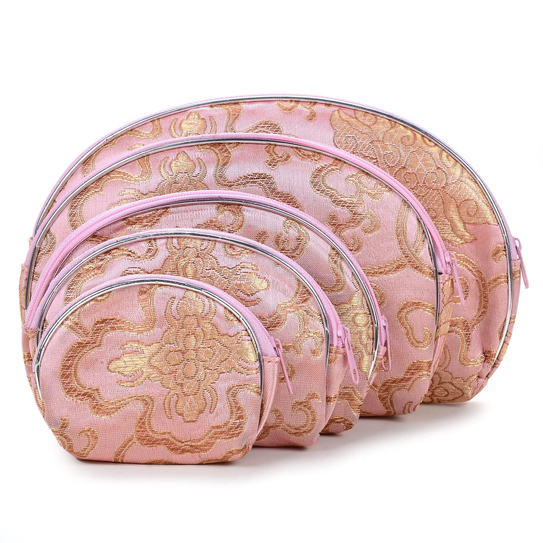 KALIFANO 5-Piece Pink Jewelry & Coin Pouch Set - Luxurious Silk Brocade Embroidered Gift Bags with Zipper - Chinese Oriental Style Travel Wallets for Women (Family Owned Business) | Perfect for Jewelry Storage, Coin Collection, Wedding Favors, and Travel Organizers