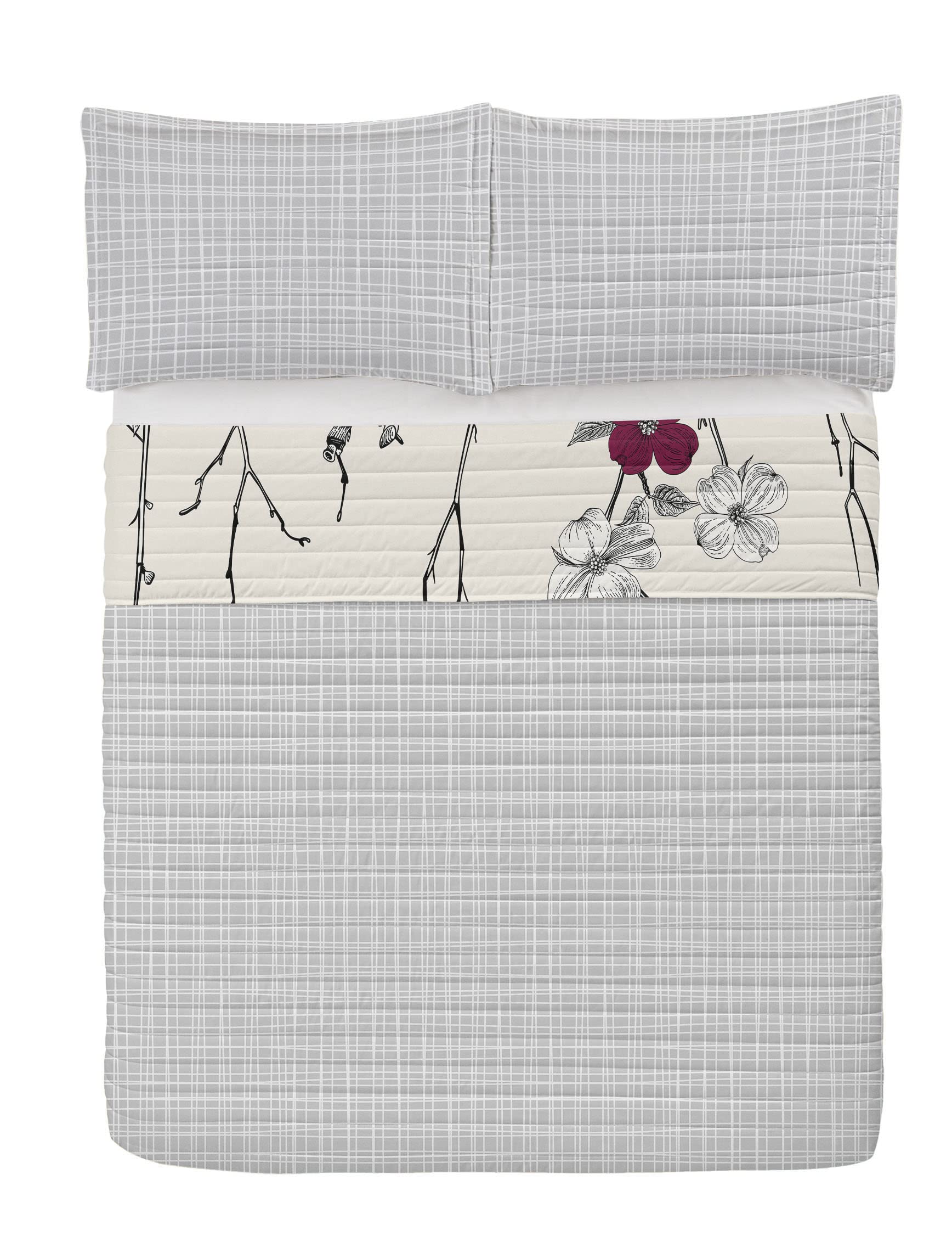 Ambesonne Reversible Dogwood Flower Bedspread Set - Twin Size, Raspberry | Retro Cherry Blossom & Peony Floral Design | Microfiber Comforter with Pillow Shams | Perfect for Spring Bedroom Decor & Guest Room Makeover