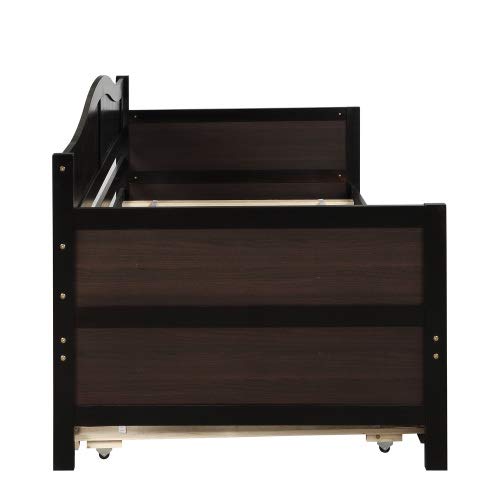Mera Wood Twin Daybed with Trundle - Espresso Finish Twin Size Sofa Bed Frame, No Box Spring Needed - Perfect for Guest Rooms, Dorm Rooms & Small Space Living