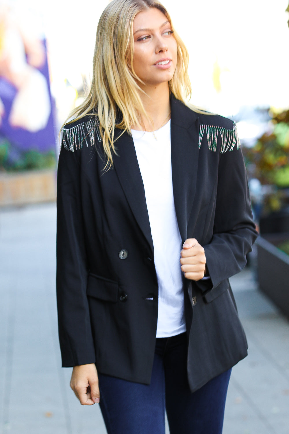 Stylish Black Shoulder Tassel Fringe Blazer for Women | Holiday Party Outfit & Office Wear | Elegant Evening Jacket for Christmas, New Year & Special Occasions