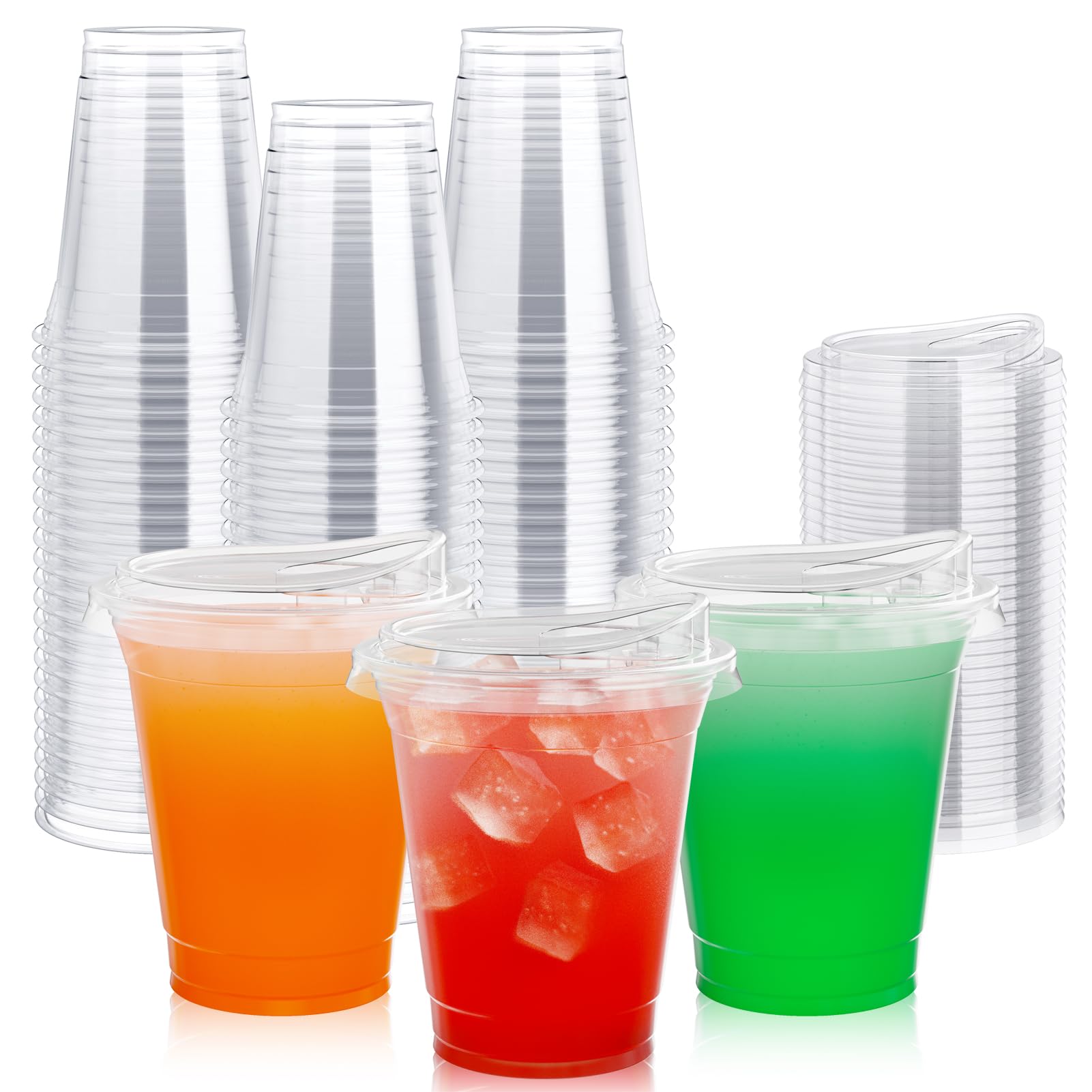 Lilymicky 100-Pack 12 oz Clear Disposable Plastic Cups with Strawless Sip Lids - Perfect for Iced Coffee, Smoothies, Slurpees & Cold Drinks - Ideal for Parties, Picnics, BBQs & Office Use