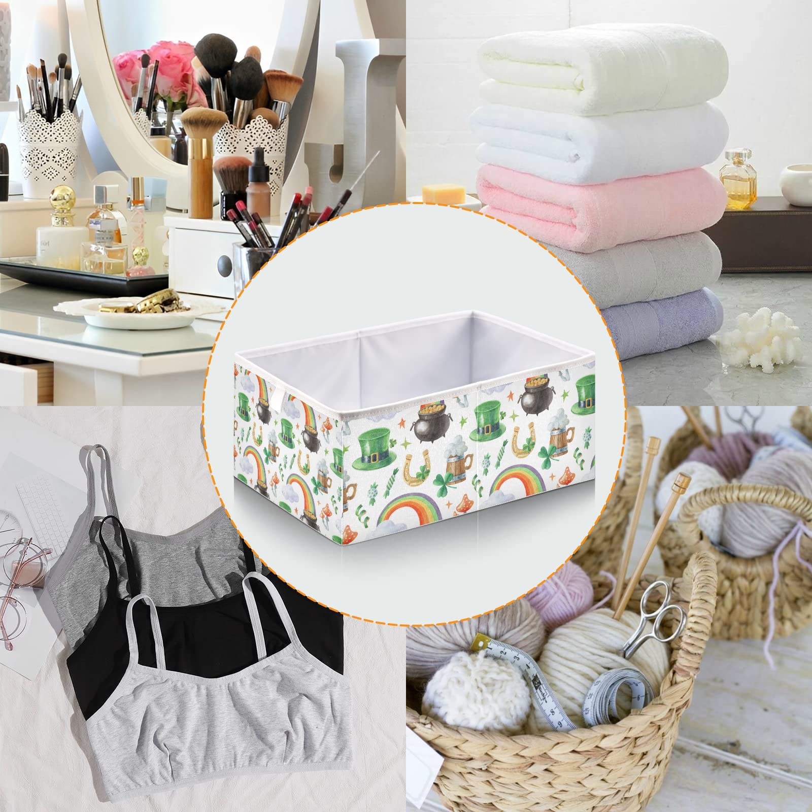 St. Patrick's Day Shamrock Leprechaun Hat Storage Basket - Collapsible Rectangular Bin with Pot of Gold & Rainbow Design | Foldable Nursery Organizer for Toys, Clothes | Easy to Assemble | Perfect for Holiday Decor, Kids' Room Storage & Party Supplies