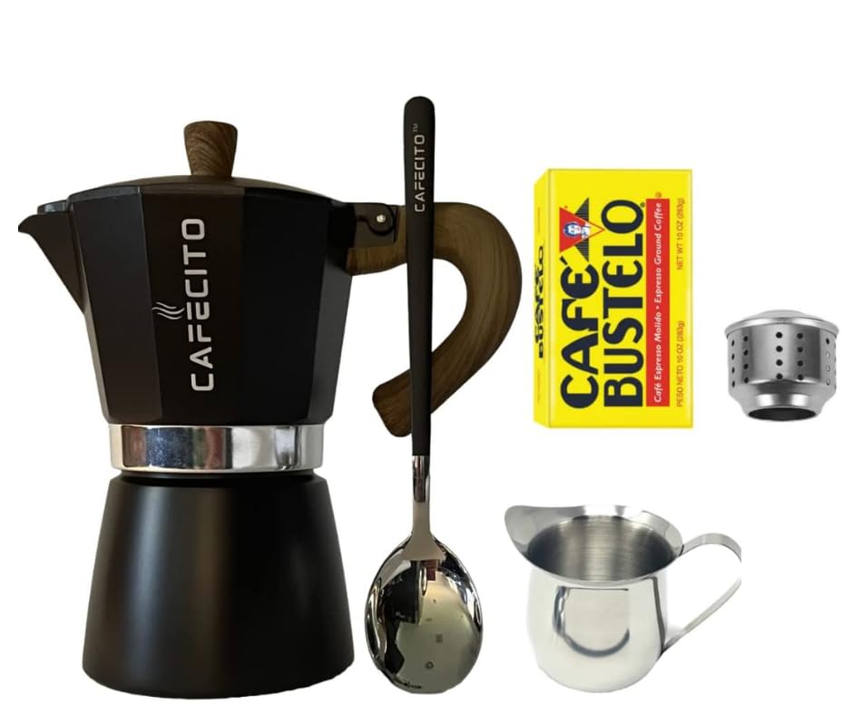Cuban Coffee Starter Kit - 6 Cup Moka Pot Stovetop Espresso Maker with Anti-Splash Valve | Authentic Cafecito & Cafetera Cubana Set | Perfect for Home Brewing, Camping & Gifts