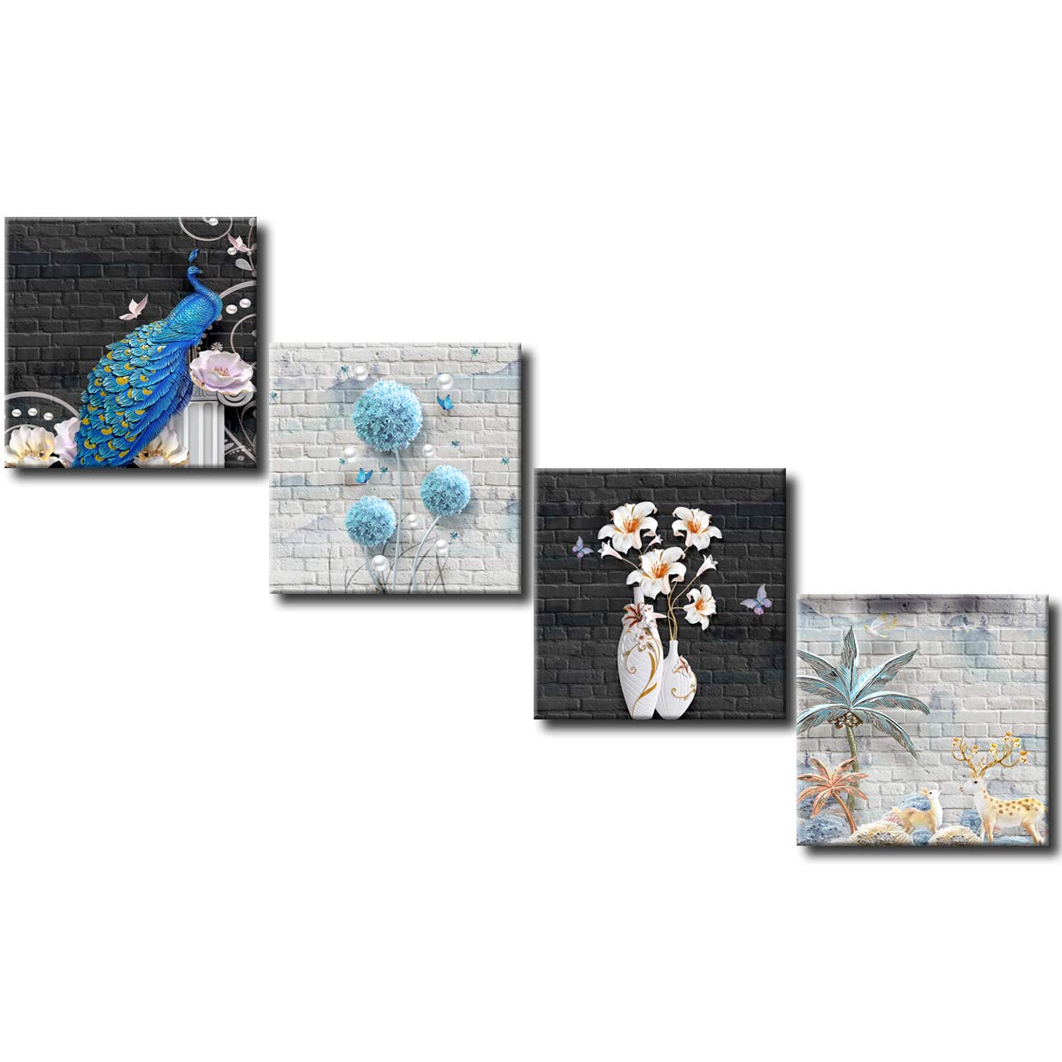 Modern Abstract Canvas Wall Art - 4 Panels Flower & Animal Painting Print, Framed & Ready to Hang for Living Room Decor | Perfect for Home, Office & Bedroom Wall Decoration