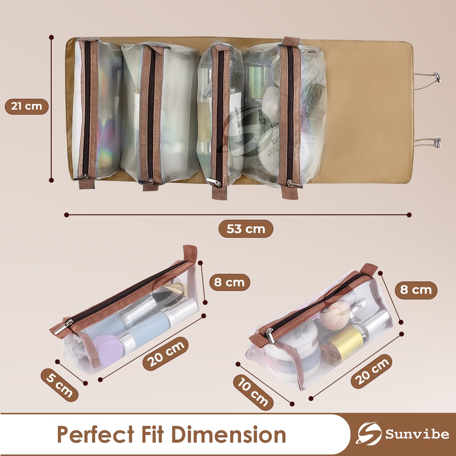 SUNVIBE® 4-in-1 Foldable Hanging Cosmetic Organizer Bag for Women | Travel Toiletry Storage Pouch | Water-Resistant Makeup Bag (Khaki) | Perfect for Vacation, Gym & Daily Use