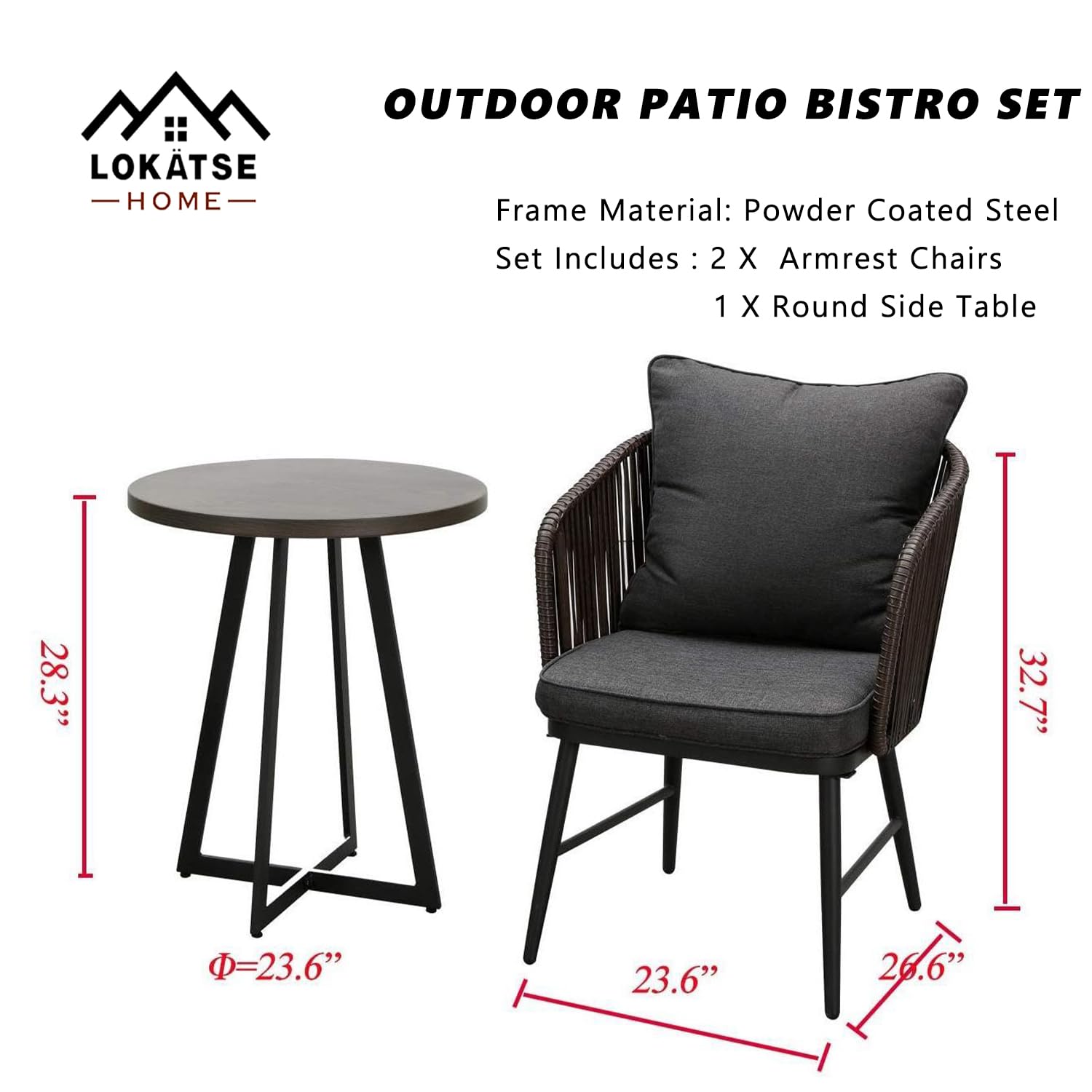 LOKATSE HOME 3-Piece Outdoor Bistro Set - Modern Wicker Patio Furniture with 2 Chairs (Includes Seat & Back Cushions) & 1 Black Coffee Table - Perfect for Balcony, Garden, Deck or Poolside Relaxation