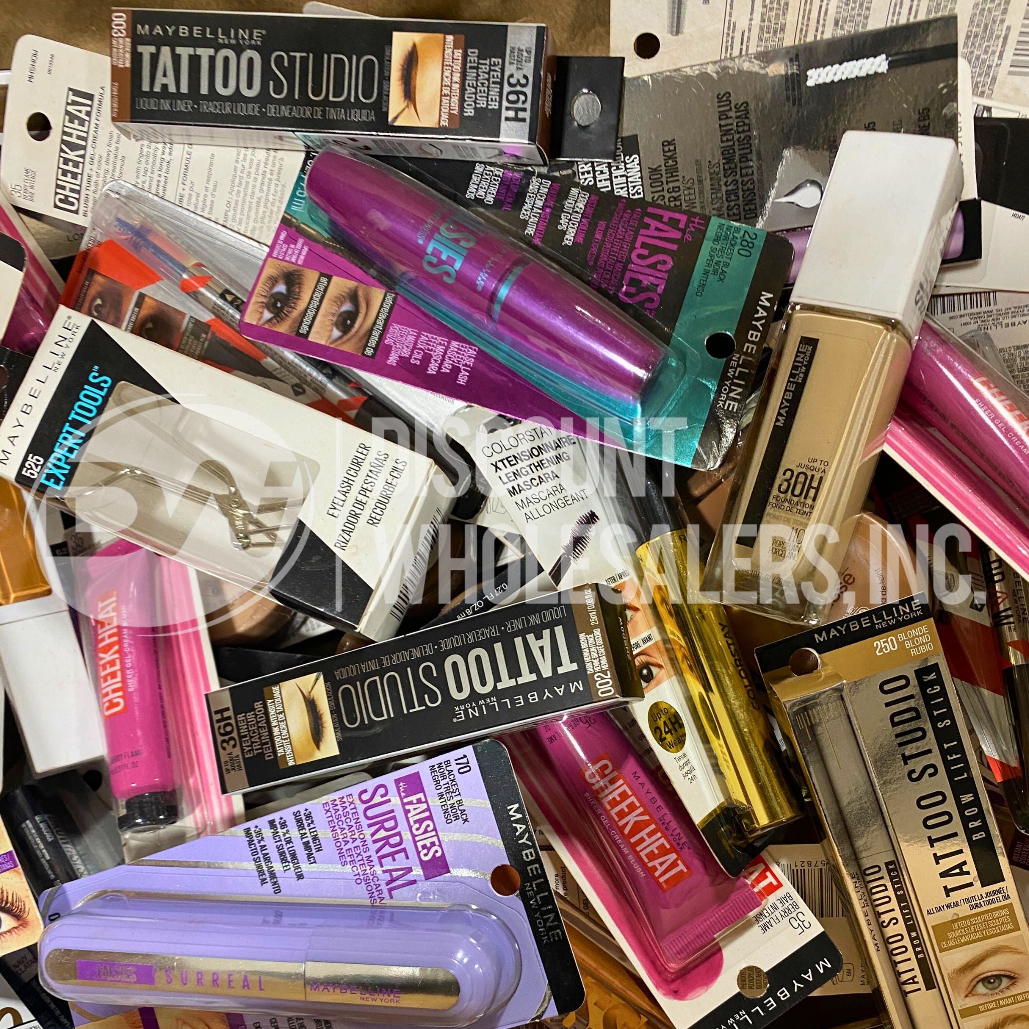Maybelline Mascara, Eyeliner, Foundation & Liquid Ink Liner Set with Eyelash Curler - 100 Pcs Bulk Makeup Kit for Professional Salon & Home Beauty Use
