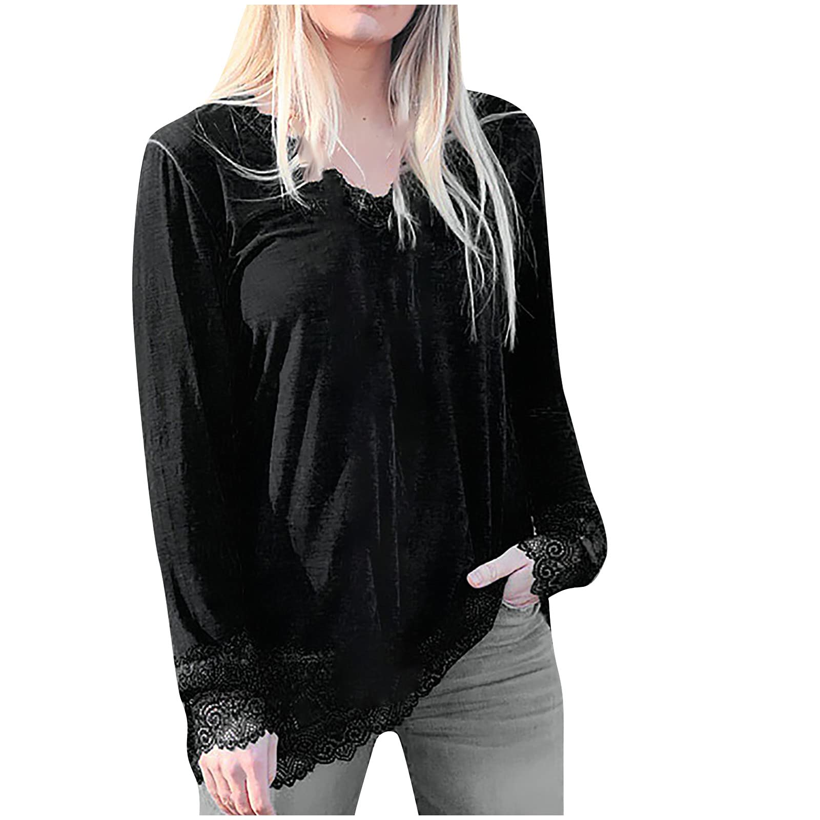 Women's Long Sleeve Lace V-Neck Blouse - Vintage Elegant Tunic Top for Casual Wear, Office & Date Night Outfits