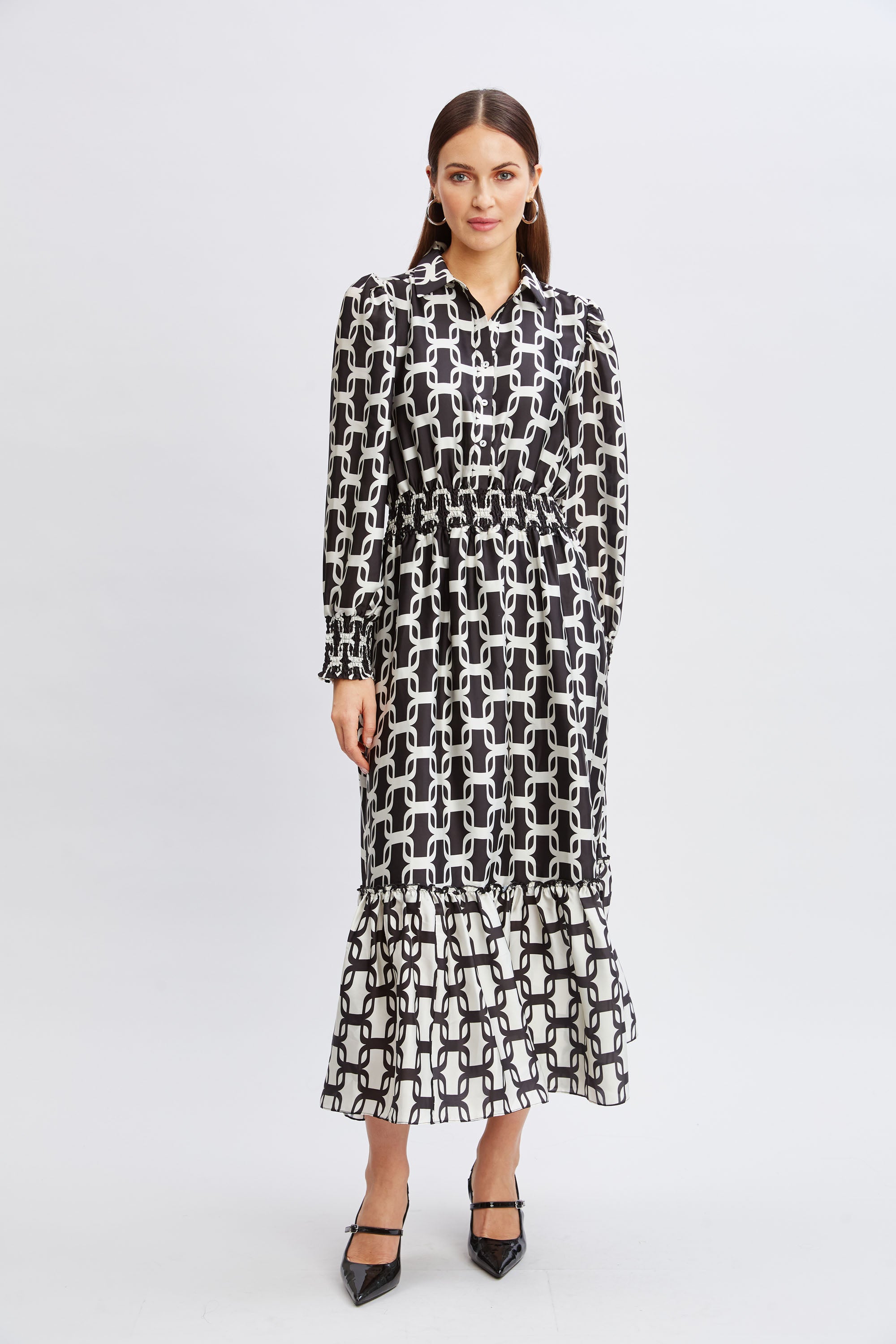 Tahari Geometric Print Chain Detail Shirt Dress for Women - Elegant Office Wear & Casual Outfit for Work, Parties, and Daily Fashion