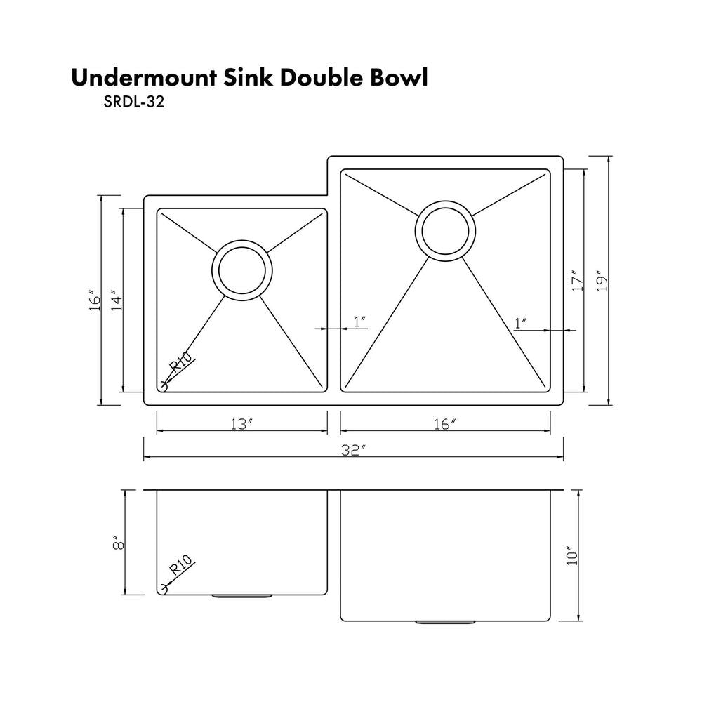 ZLINE 32-Inch Undermount Double Bowl Stainless Steel Kitchen Sink with Bottom Grid - Multiple Color Options (SRDL 32) - Perfect for Modern Kitchens, Restaurants & RV Remodels