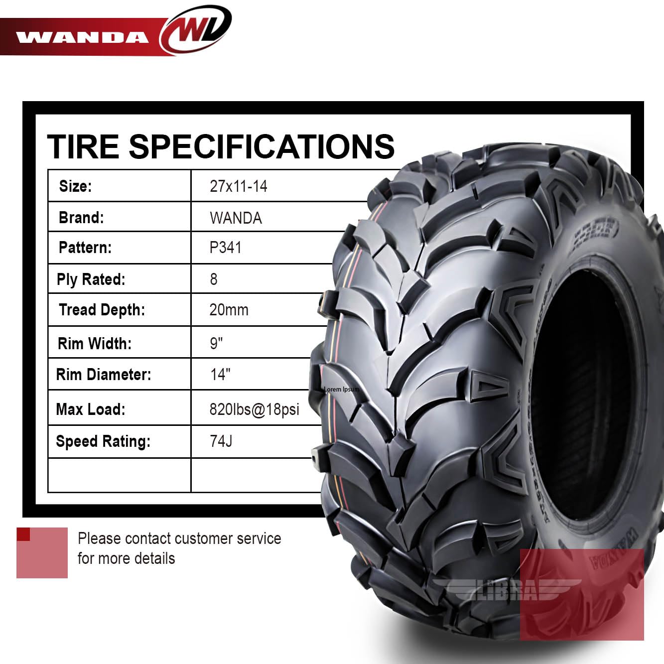 2-Pack WANDA UTV/ATV Tires 27x11-14 8PR Heavy Duty Mud Tires with 20mm Deep Tread - Perfect for Off-Roading, Trail Riding & Mud Adventures