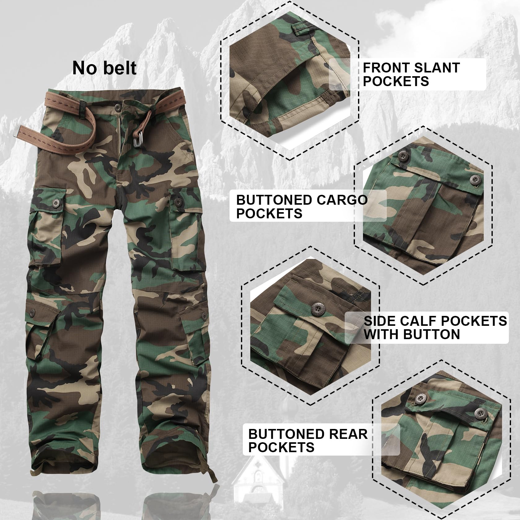 Men's Waterproof Camo Hiking Cargo Pants - Tactical Ripstop Work Pants with 8 Pockets, Relaxed Fit (No Belt Needed) - Perfect for Outdoor Adventures, Hunting & Camping