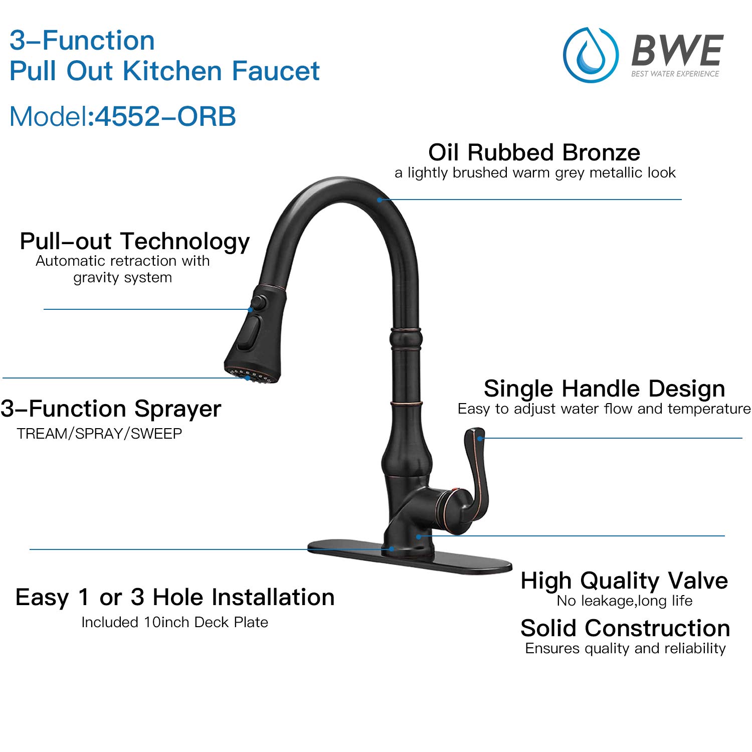 BWE High Arc Pull Out Kitchen Faucet - Oil Rubbed Bronze Single Handle with 3 Spray Modes & Deck Plate - Commercial Grade Farmhouse Sink Faucet for Bar & Restaurant Use
