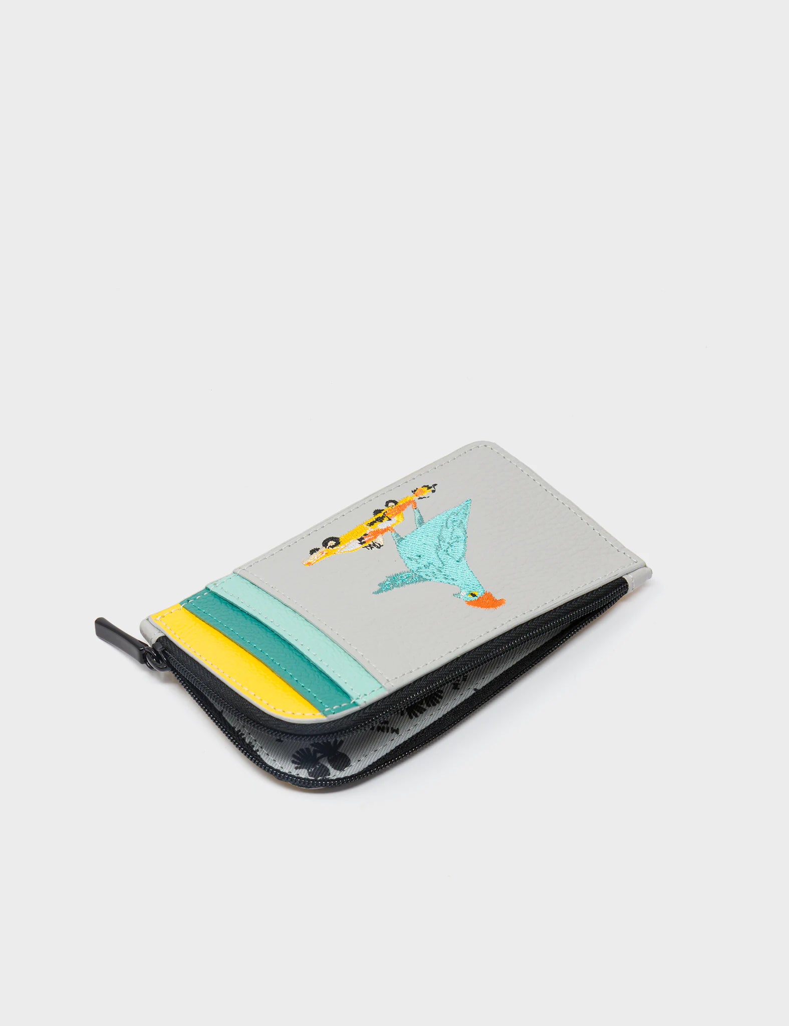 Fausto Moonwalk Gray Leather Zip Around Cardholder with Pigeonista Embroidery - Stylish RFID Blocking Wallet for Men & Women - Perfect for Travel, Business, and Everyday Use