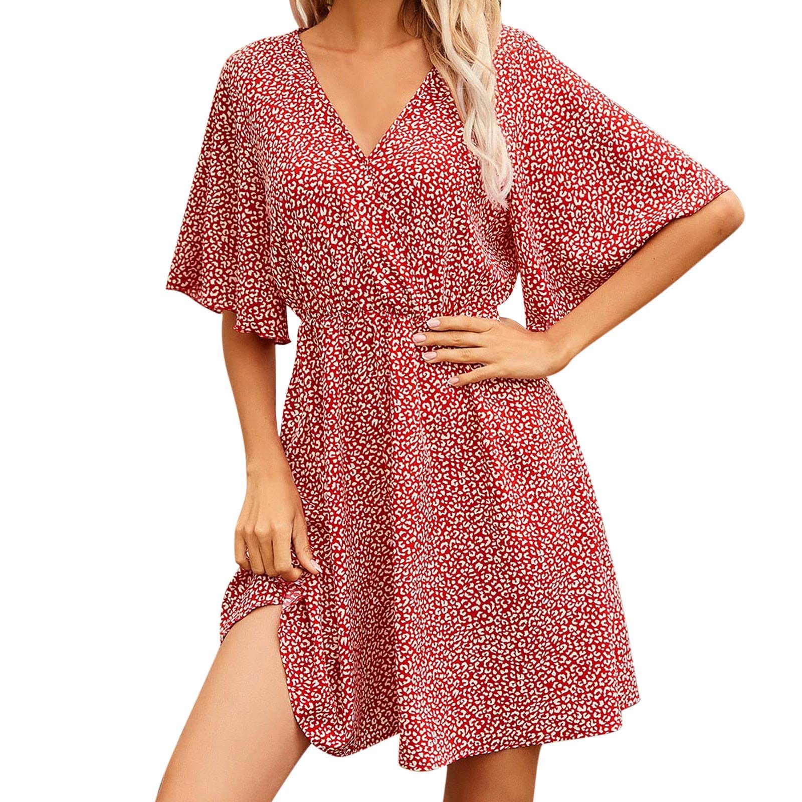 Fankle Women's Summer Flowy Mini Dress - Short Sleeve, Ruffle Print, V Neck, High Waist | Sexy Casual Dress for Beach, Party & Date Night