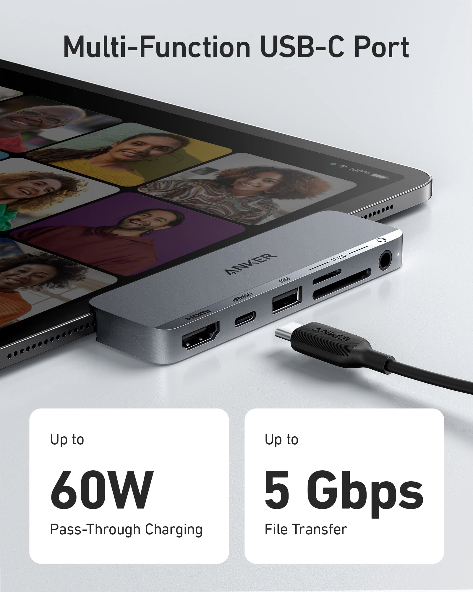 Anker 6-in-1 USB C Hub with 4K HDMI, 100W PD, USB-A, SD/microSD Card Reader - Compatible with iPad Pro/Air/Mini 6th Gen, MacBook, Laptop - Expand Connectivity for Work, Travel & Home Office (Space Gray)