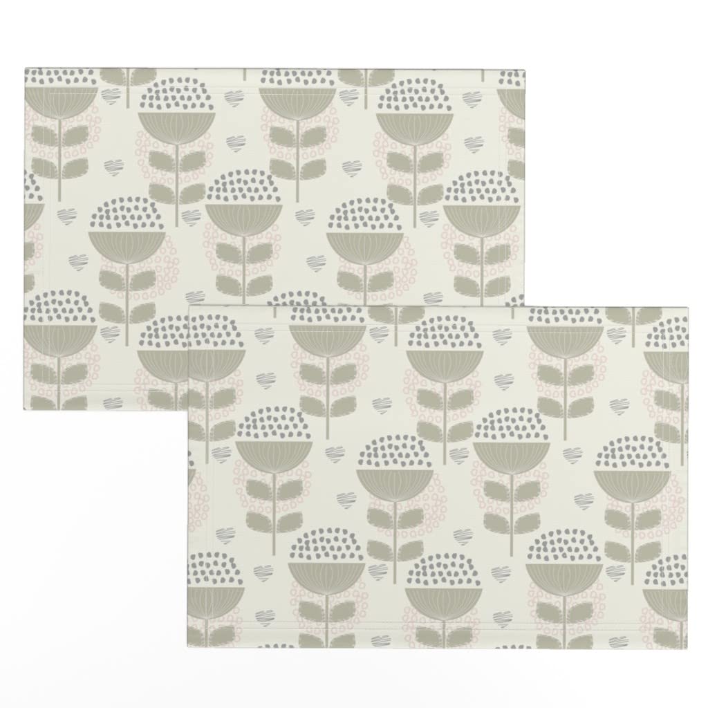 Premium Linen Cotton Canvas Placemats Set of 2 - Floral Hearts Farmhouse Style Table Mats for Dining Room Decor, Kitchen Table Setting & Party Tableware | Pastel Scandinavian Modern Print Washable Placemats by Spoonflower