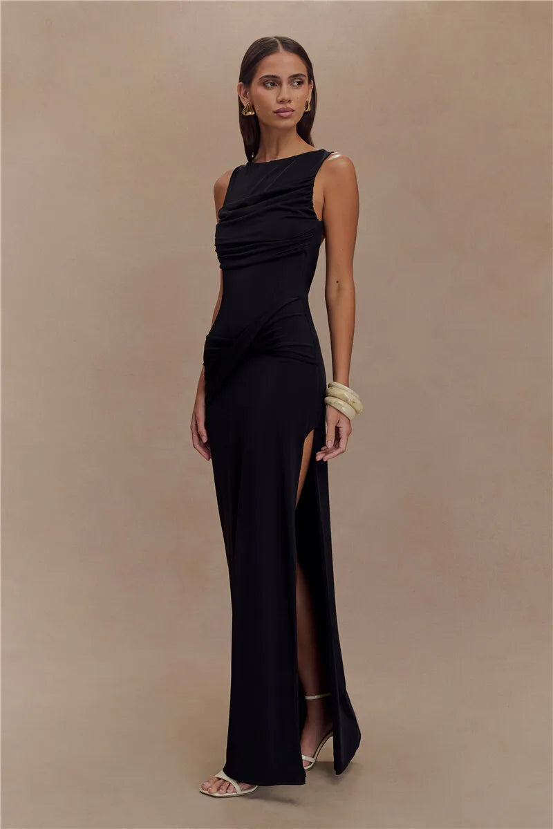 Sexy Backless Ruched Maxi Tank Dress for Women - Elegant O Neck Thigh High Split Bodycon Long Gown | Perfect for Summer Parties, Date Nights & Beach Vacations