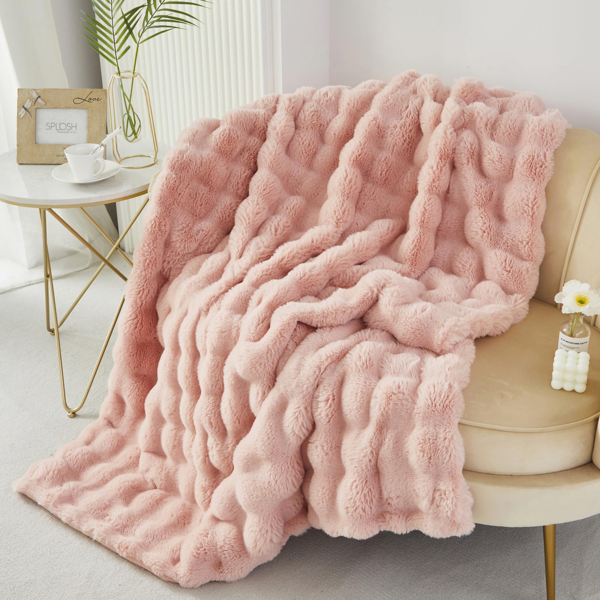 RYNGHIPY Faux Rabbit Fur Throw Blanket - Ultra Soft & Fluffy Plush Blanket for Sofa, Couch, Bed - Warm Decorative Heavy Weight Blanket (51