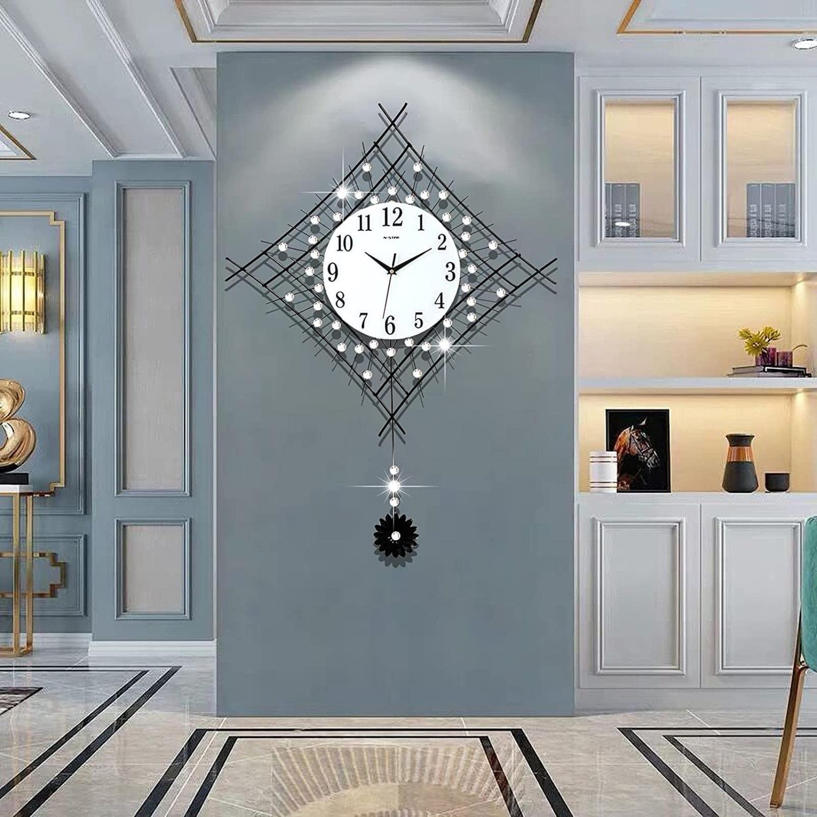 Happy Breeze Wall Clocks - 30 Inch Large Decorative Pendulum Wall Clock with Crystal Metal Frame, Modern Silent Silver Design for Bedroom, Kitchen, Living Room & Office (24 Inch Size Available) - Perfect for Home Decor, Gift Giving and Creating Elegant Atmosphere