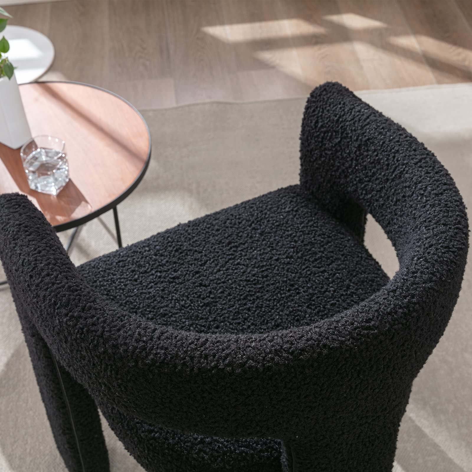 Modern Sherpa Barrel Dining Chair - Upholstered Faux Fur Armchair with Comfortable Cushion - Accent Side Chair for Kitchen, Living Room, Reception Area - Perfect for Cozy Dining & Relaxing - Black