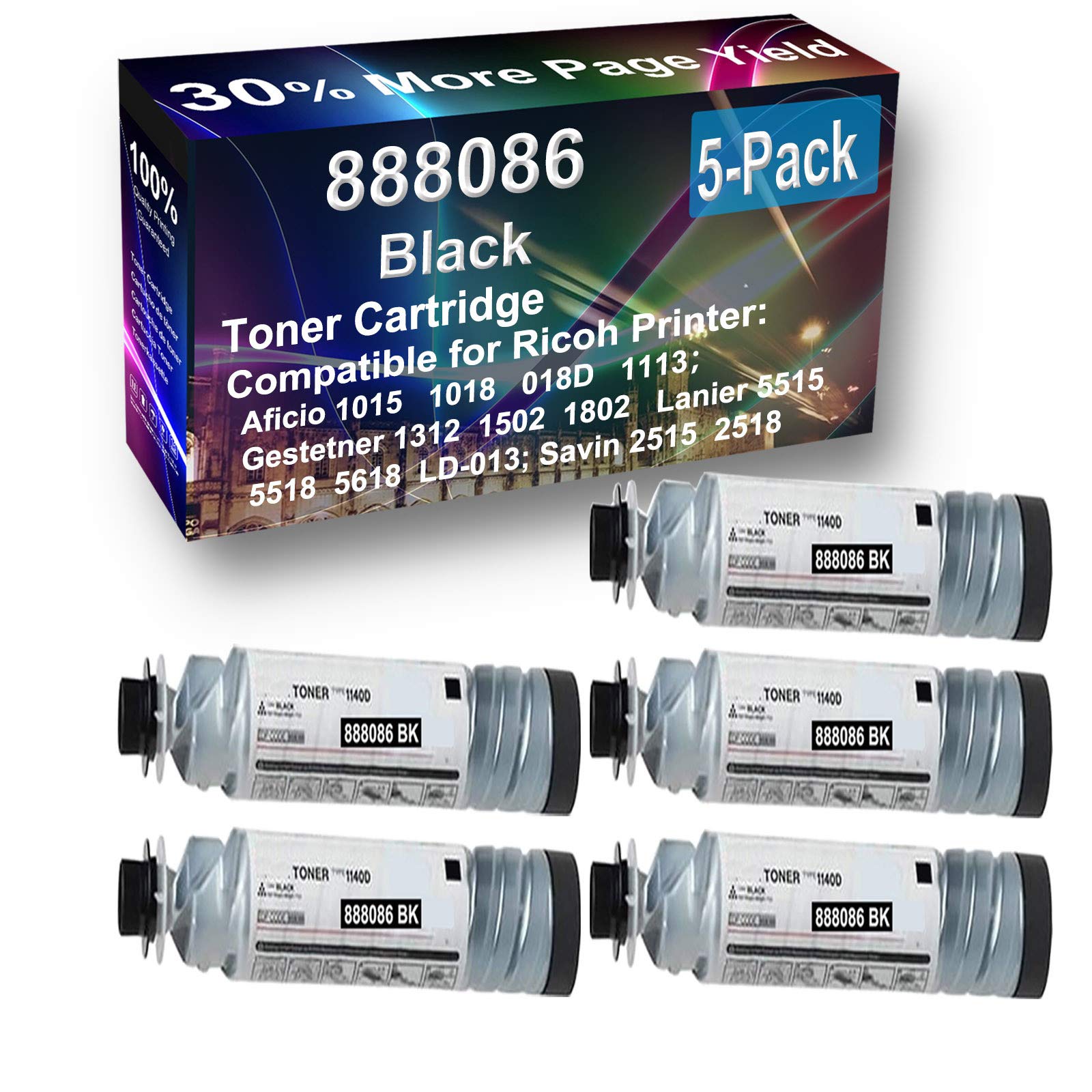 5-Pack High Yield Compatible Ricoh 888086 (Type 1140D) Black Toner Cartridge Replacement for 1312, 1502, 1802, 2515, 2518 Printers - Perfect for Office, Home & Business Printing Needs