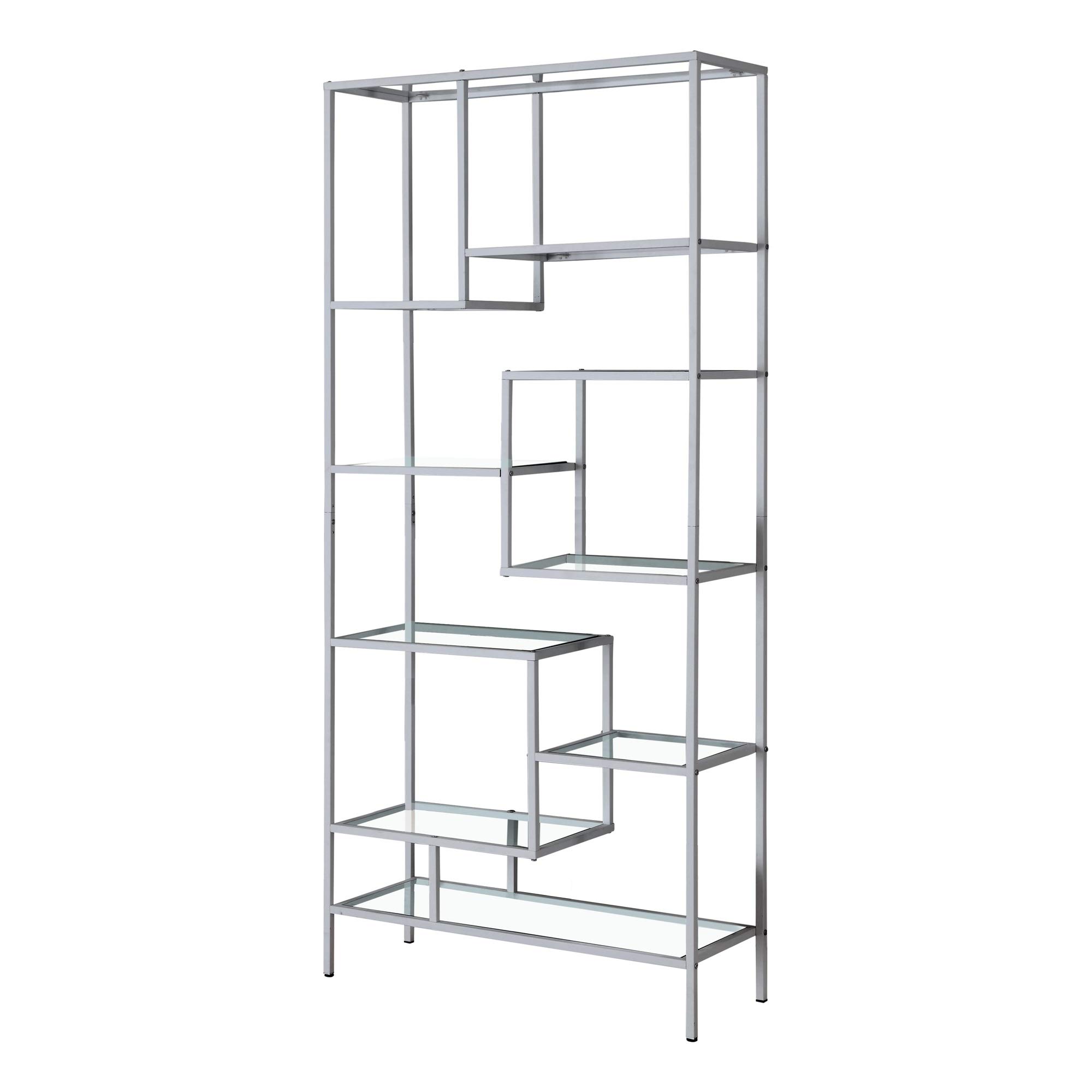 72 Inch Silver Metal Bookcase with Tempered Glass Shelves - Modern Home Office & Living Room Storage Solution