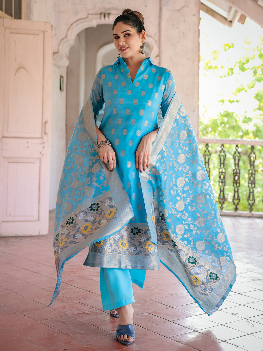 Stylish Blue Designer Pant Suit with Wevon Pattern - Perfect for Office Wear, Business Meetings & Formal Events