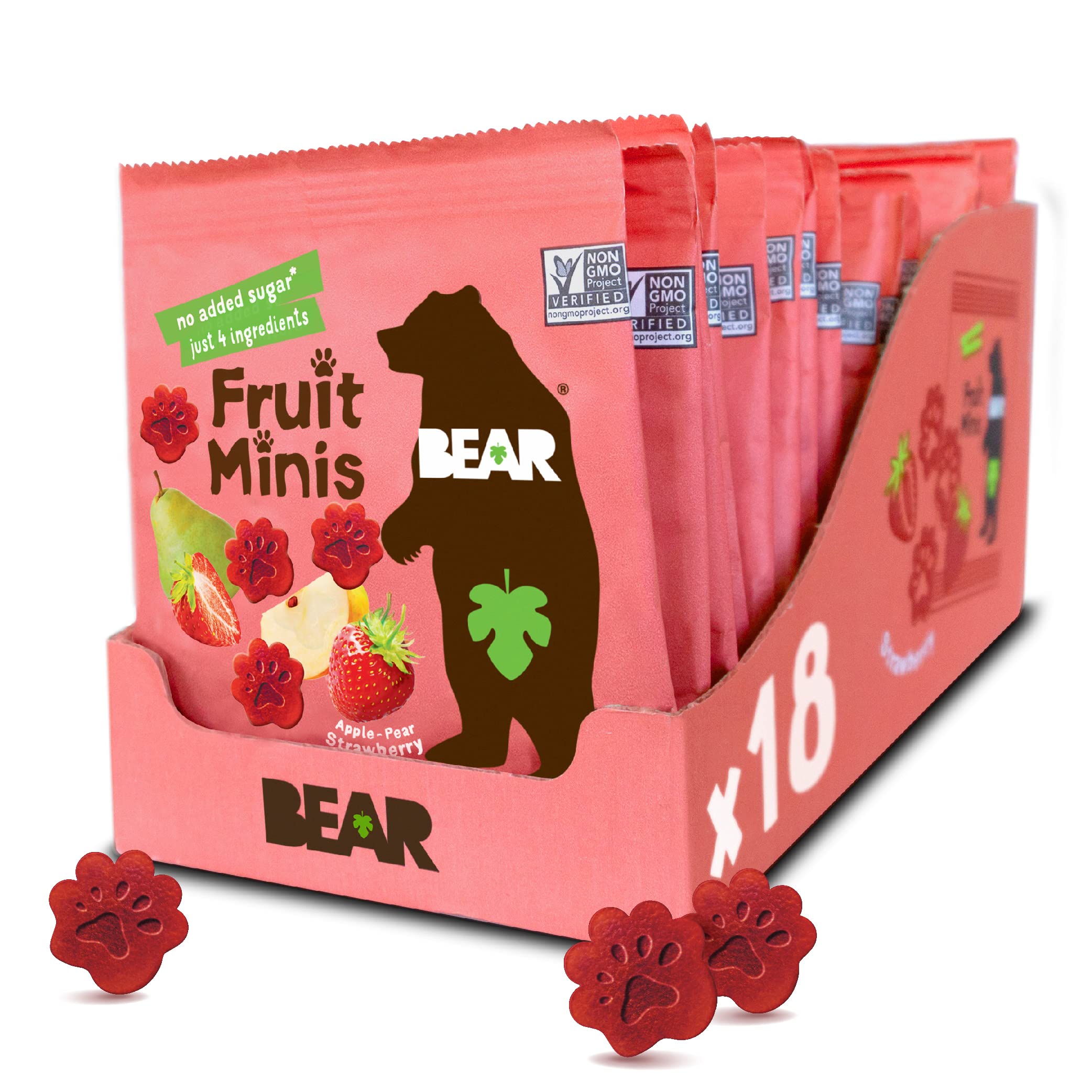 BEAR Real Fruit Snack Minis, Strawberry - 18 Pack of Healthy Gluten Free Vegan Non-GMO Bite-Sized Snacks (0.7 Oz) - Perfect for Kids Lunchboxes, School Snacks & On-the-Go Healthy Treats