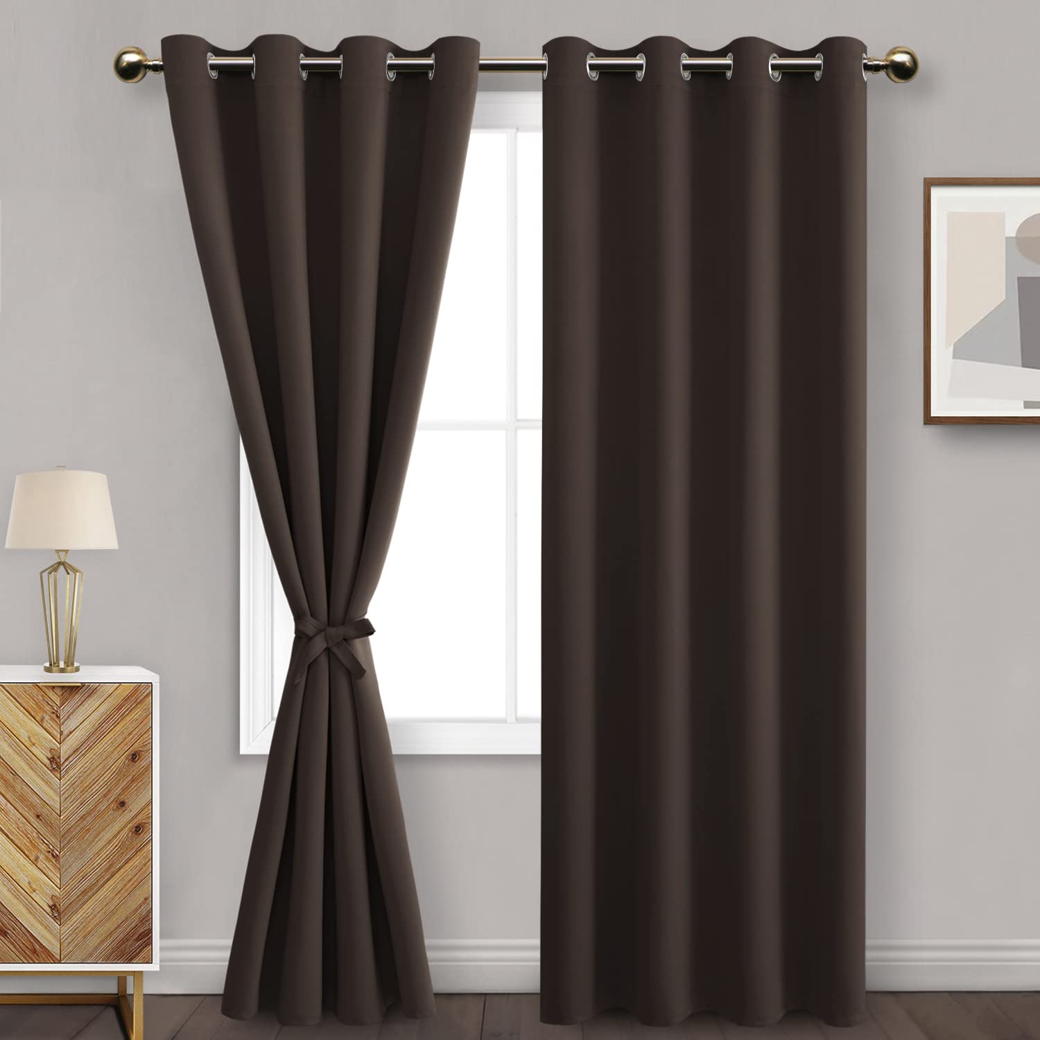 DWCN Blackout Curtains for Bedroom & Living Room - Thermal Insulated Room Darkening Window Drapes with Grommet Top & Tiebacks, 52x96 Inch (Set of 2 Panels), Brown - Perfect for Night Shift Workers & Light Sleepers