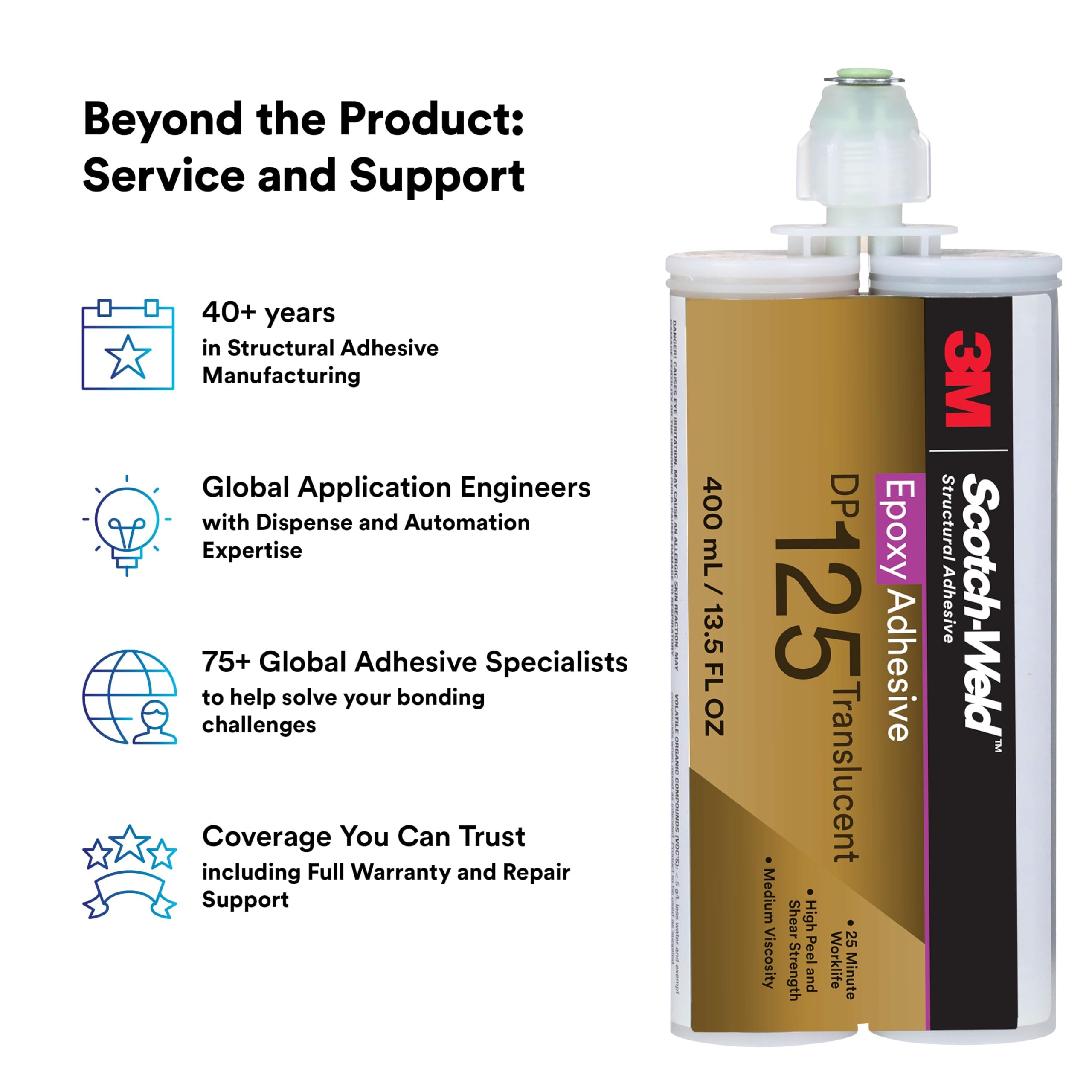 3M Scotch-Weld DP125 Translucent Two-Part Epoxy Adhesive - Flexible, Heat Resistant, 400mL (13.5oz) Duo-Pak - Ideal for Metal, Plastic & Wood Bonding in Automotive, Marine & DIY Projects