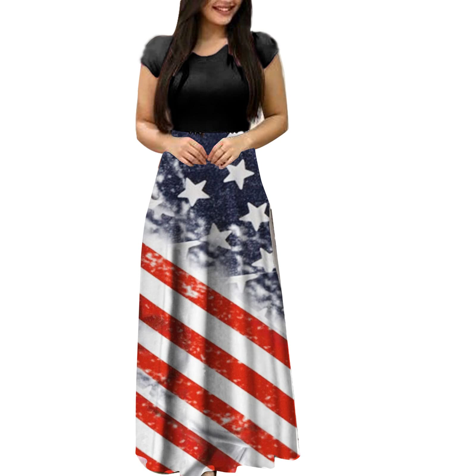 Women's Summer Maxi Dress - Floral Print Short Sleeve Swing Sundress, Plus Size Black Casual Dress for Beach, Vacation & Outdoor Activities