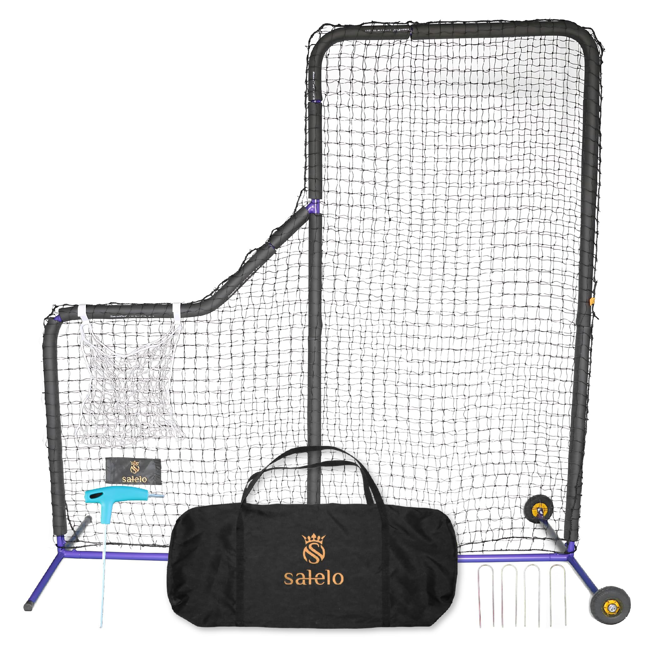 Heavy Duty 7x7 ft Portable Baseball Pitching Net with Wheels & Carry Bag - Easy to Assemble L-Screen for Pitching Practice - Perfect for All Skill Levels (Backyard, Training, Games)
