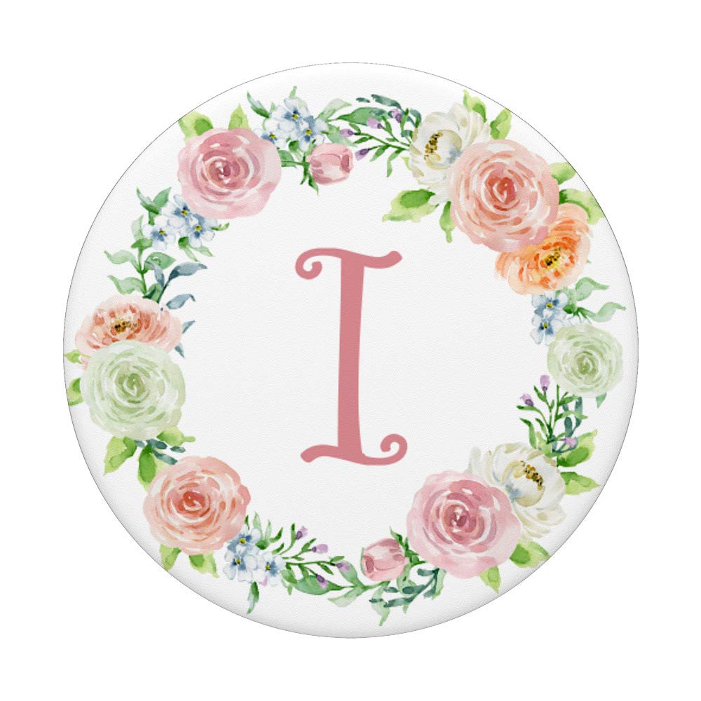 Rose Flower Monogram Letter I on White Floral Wreath PopSockets PopGrip - Swappable Phone Grip for iPhone, Samsung & Tablets | Perfect for Everyday Use, Gifts & Phone Protection