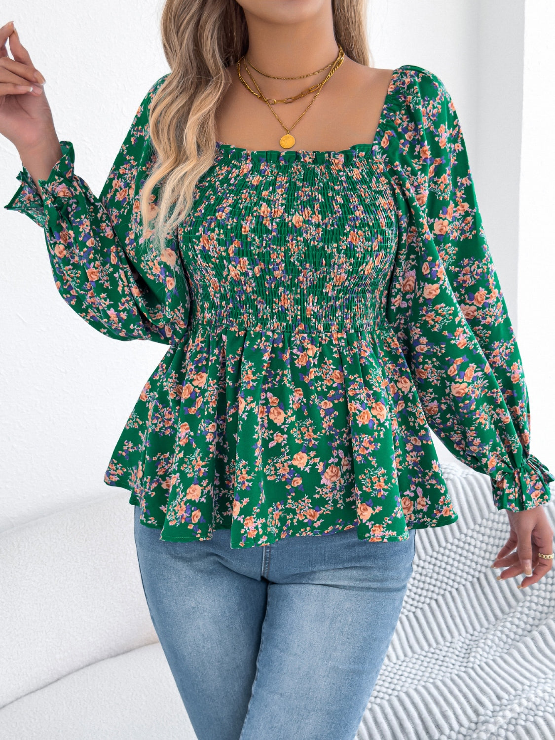 Floral Square Neck Flounce Sleeve Blouse for Women | Elegant Spring Summer Tops | Perfect for Office, Date Night & Special Occasions