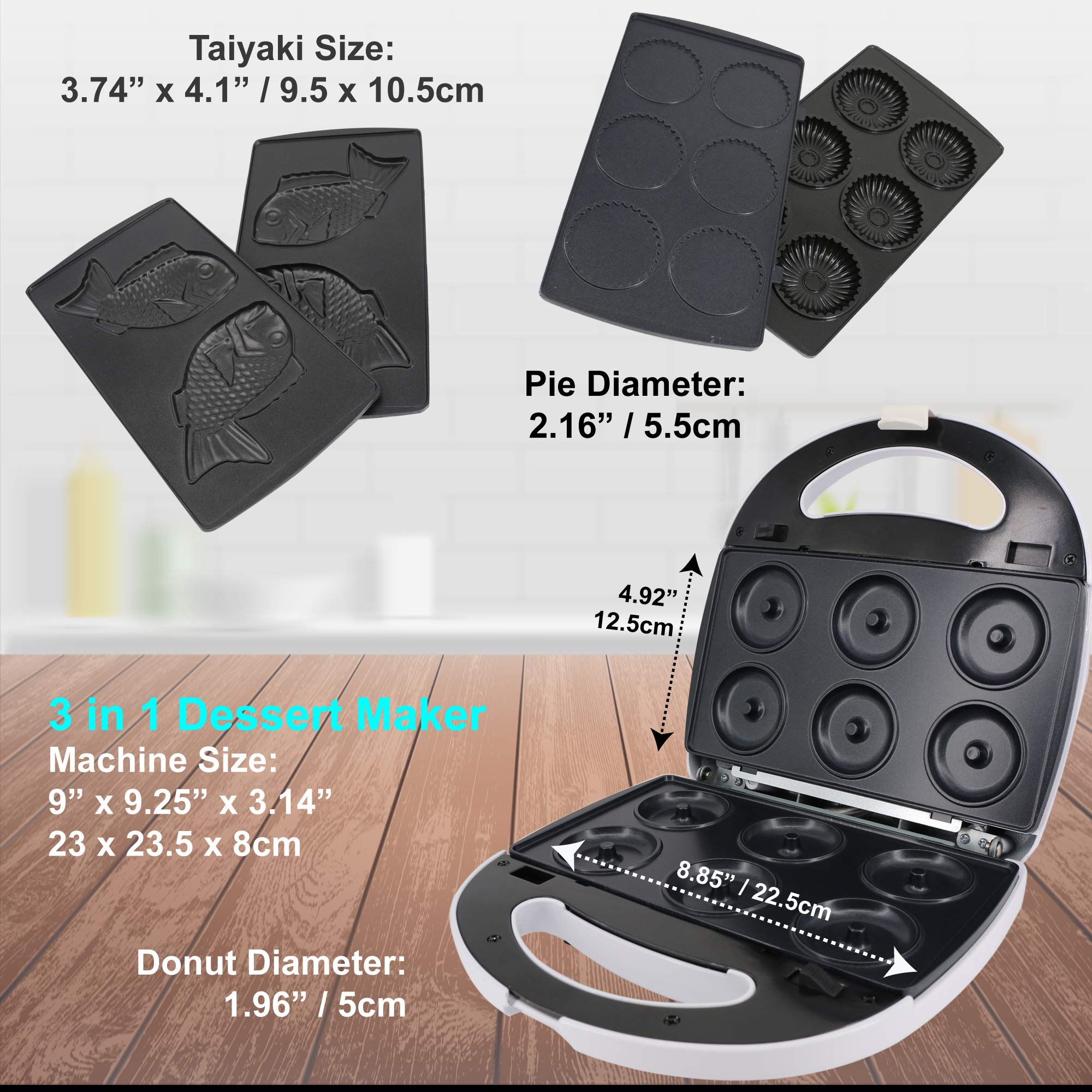 StarBlue 3-in-1 Mini Dessert Maker - Make Mini Donuts, Pies, Quiches & Taiyaki Cakes | 700W Detachable Non-Stick Electric Baker with 3 Cooking Plates (110V, White) | Perfect for Home Baking, Party Snacks & Kids Treats