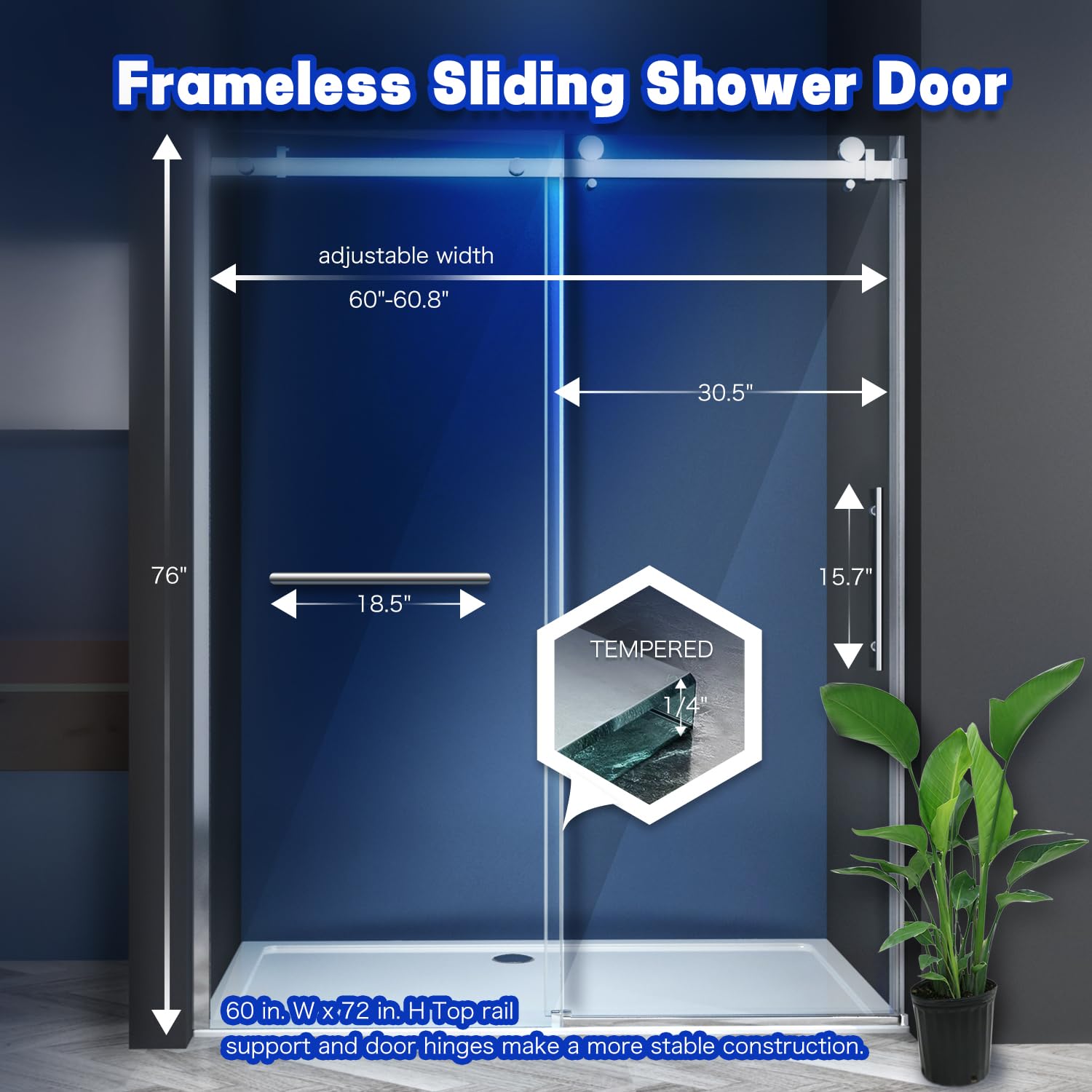 60-60.8 Inch Frameless Sliding Shower Door - 1/4