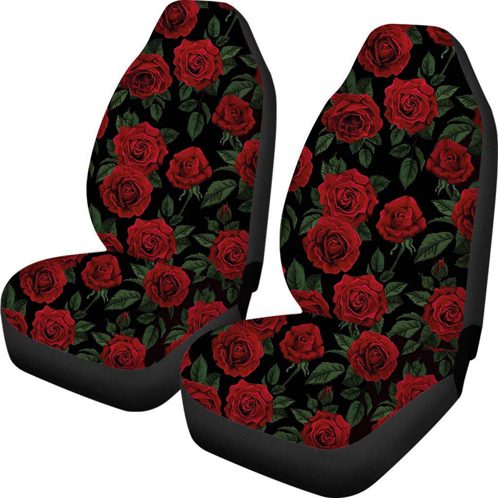 KUILIUPET 2-Piece Red Roses Printed Front Seat Covers - Universal Bucket Seat Blanket with Seat-Belt Pad Protectors for Car, SUV & Truck | Durable & Stylish Car Accessories for Comfort & Protection | Perfect for Road Trips, Daily Commute & Pet Protection