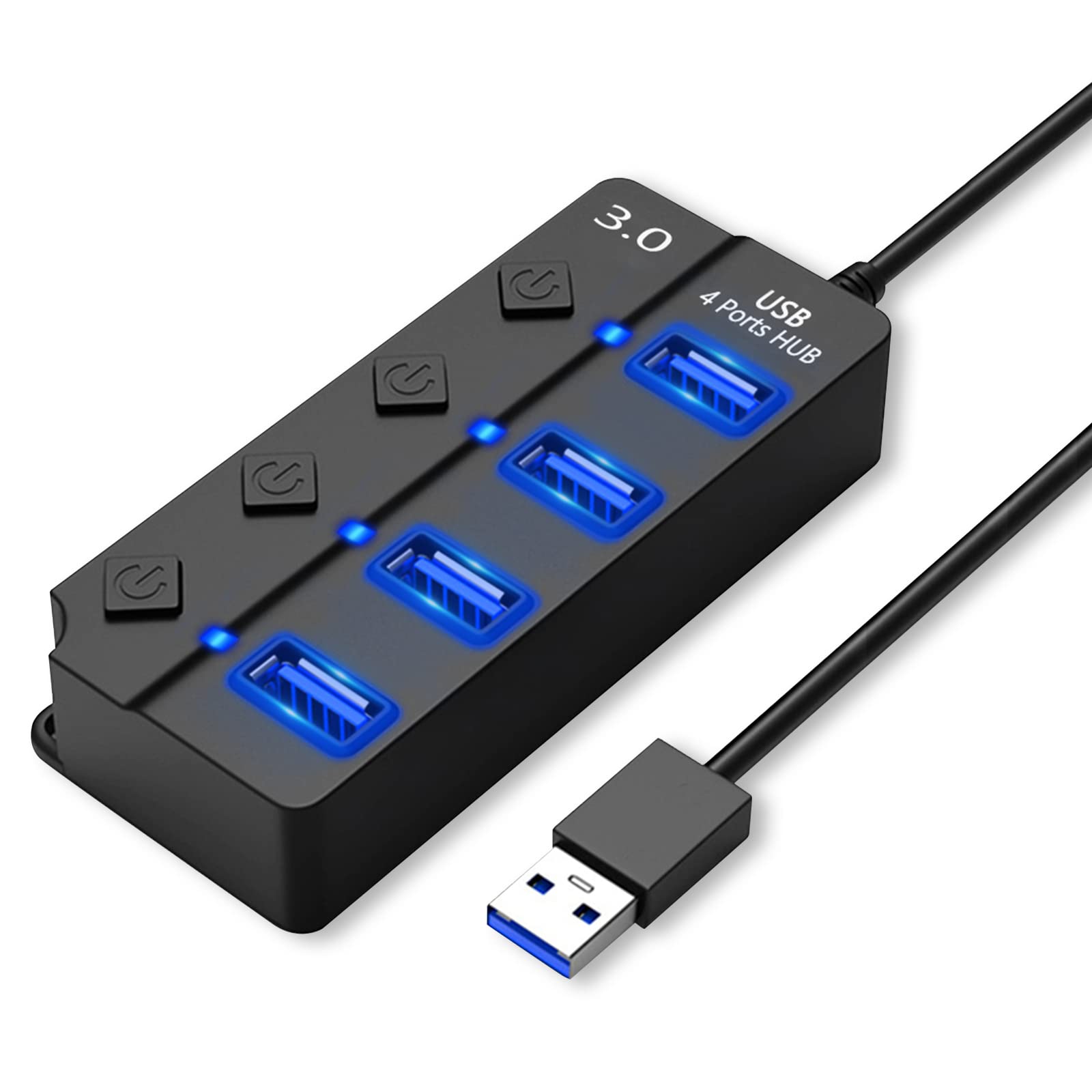 HORJOR 4-Port USB Hub with Switch & LED - 1x USB 3.0 & 3x USB 2.0 for Fast Charging & Data Transfer - Perfect for Home & Office Use