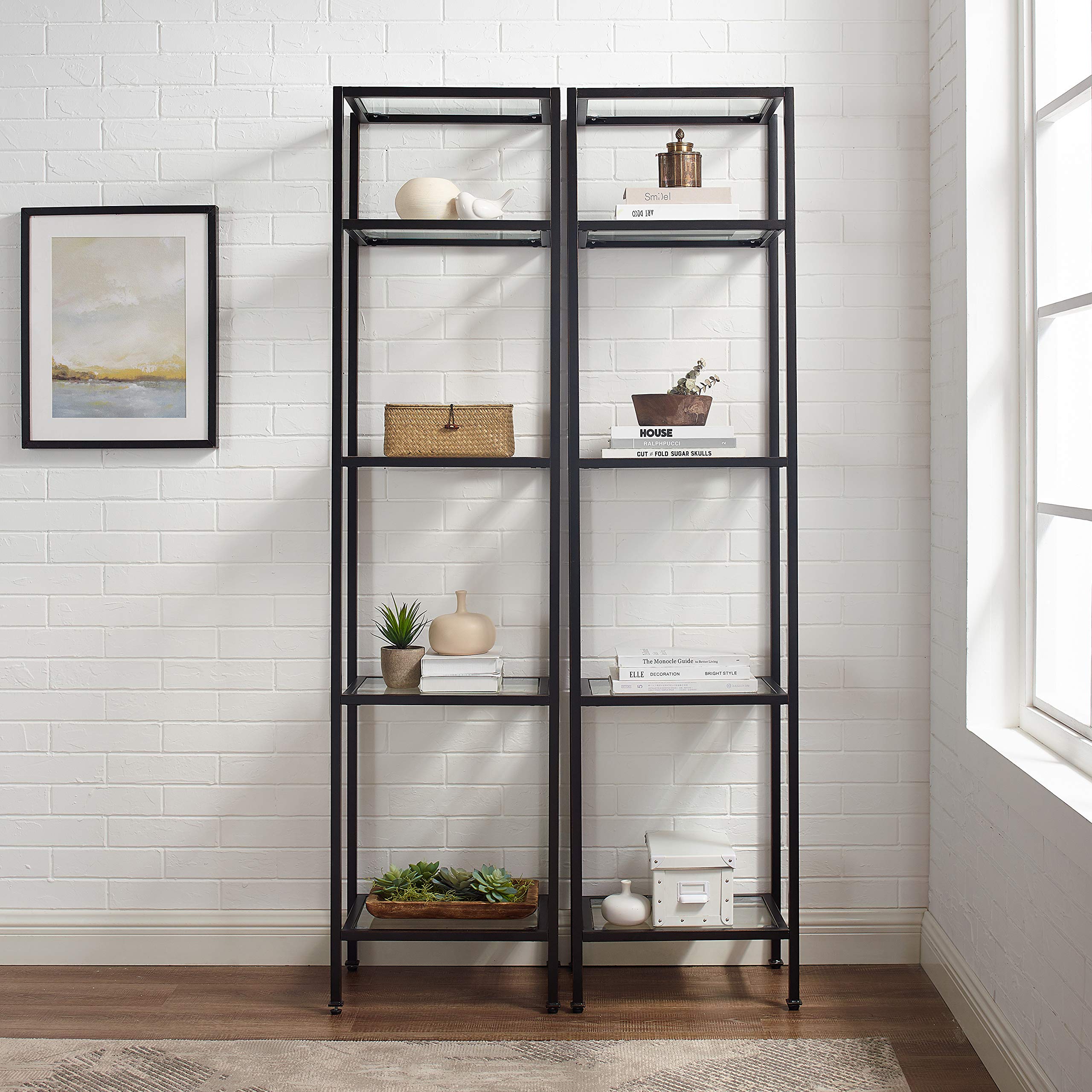 Crosley Aimee 2-Piece Bookshelf Set with Glass Shelves - Modern Bookcase Storage in Oil-Rubbed Bronze Finish for Living Room, Office & Home Decor