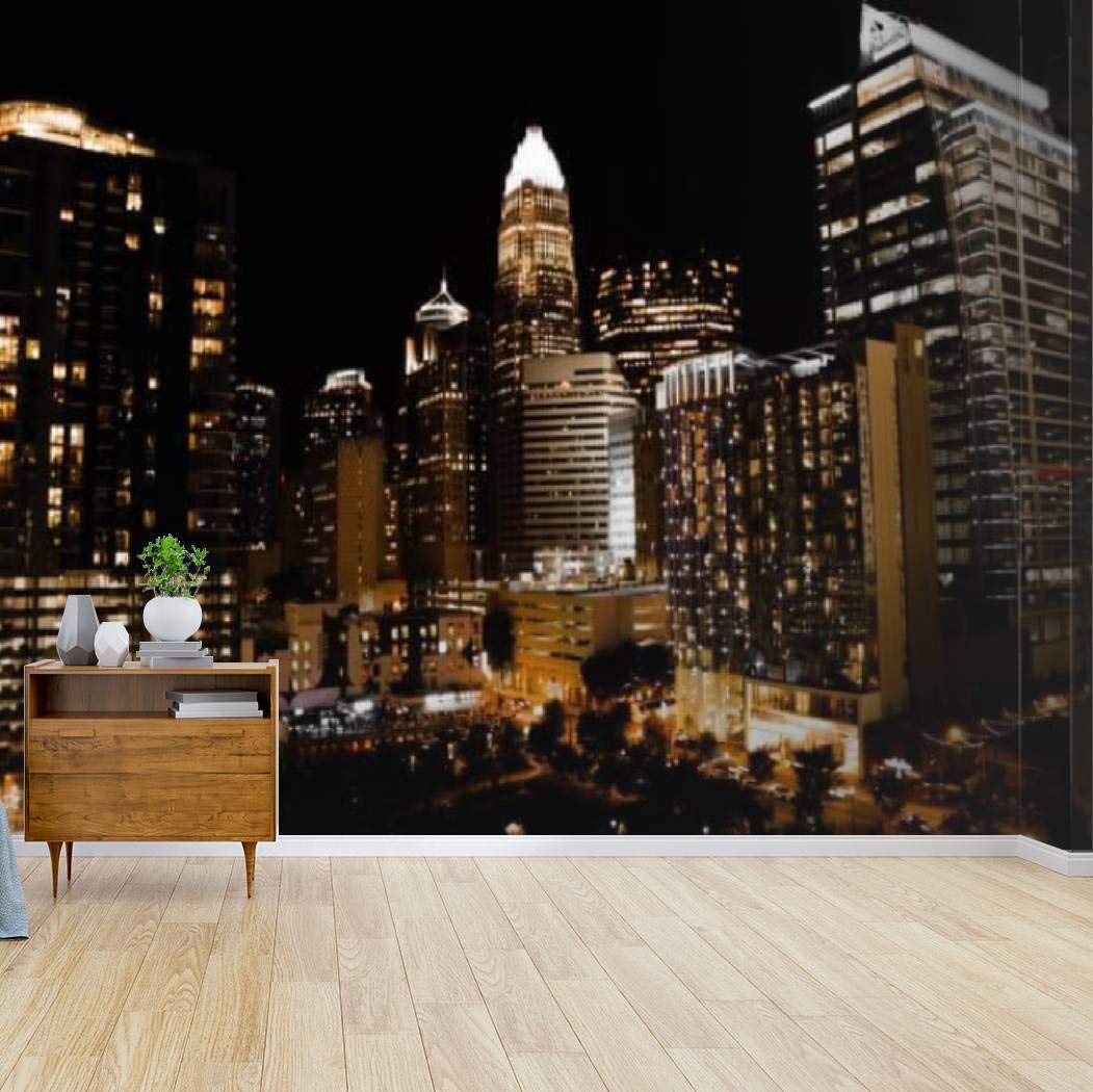 Charlotte Uptown Skyline Peel and Stick Wallpaper - Self-Adhesive Removable Vinyl Wall Mural for Home Decor | Window Effect, Large Wall Sticker, Shelf Paper | Perfect for Living Room, Bedroom & Office Accent Walls