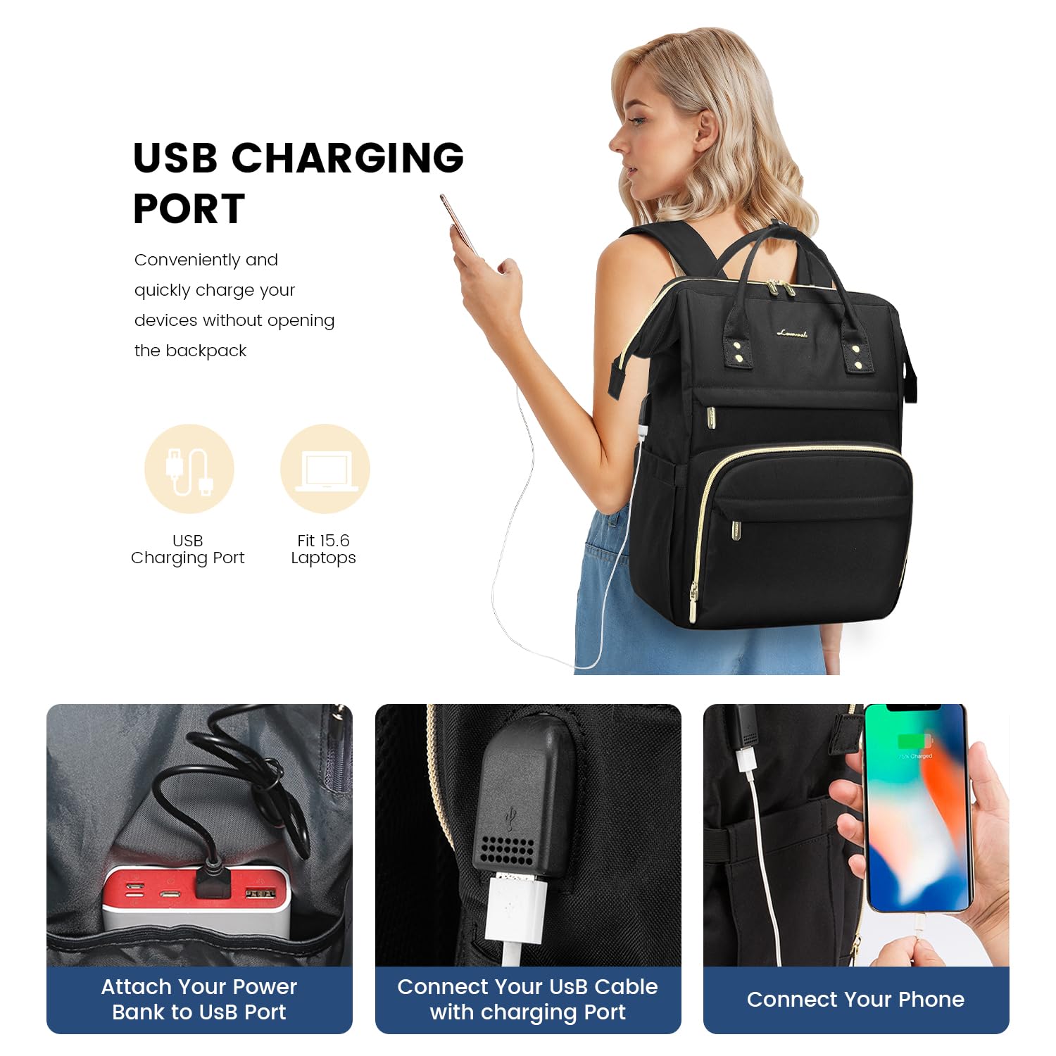 LOVEVOOK 15.6 Inch Laptop Backpack for Women - Waterproof Anti-Theft Work Backpack with USB Charging Port - Perfect for College, Office, Travel & Commuting - Teacher Nurse Computer Bag in Black