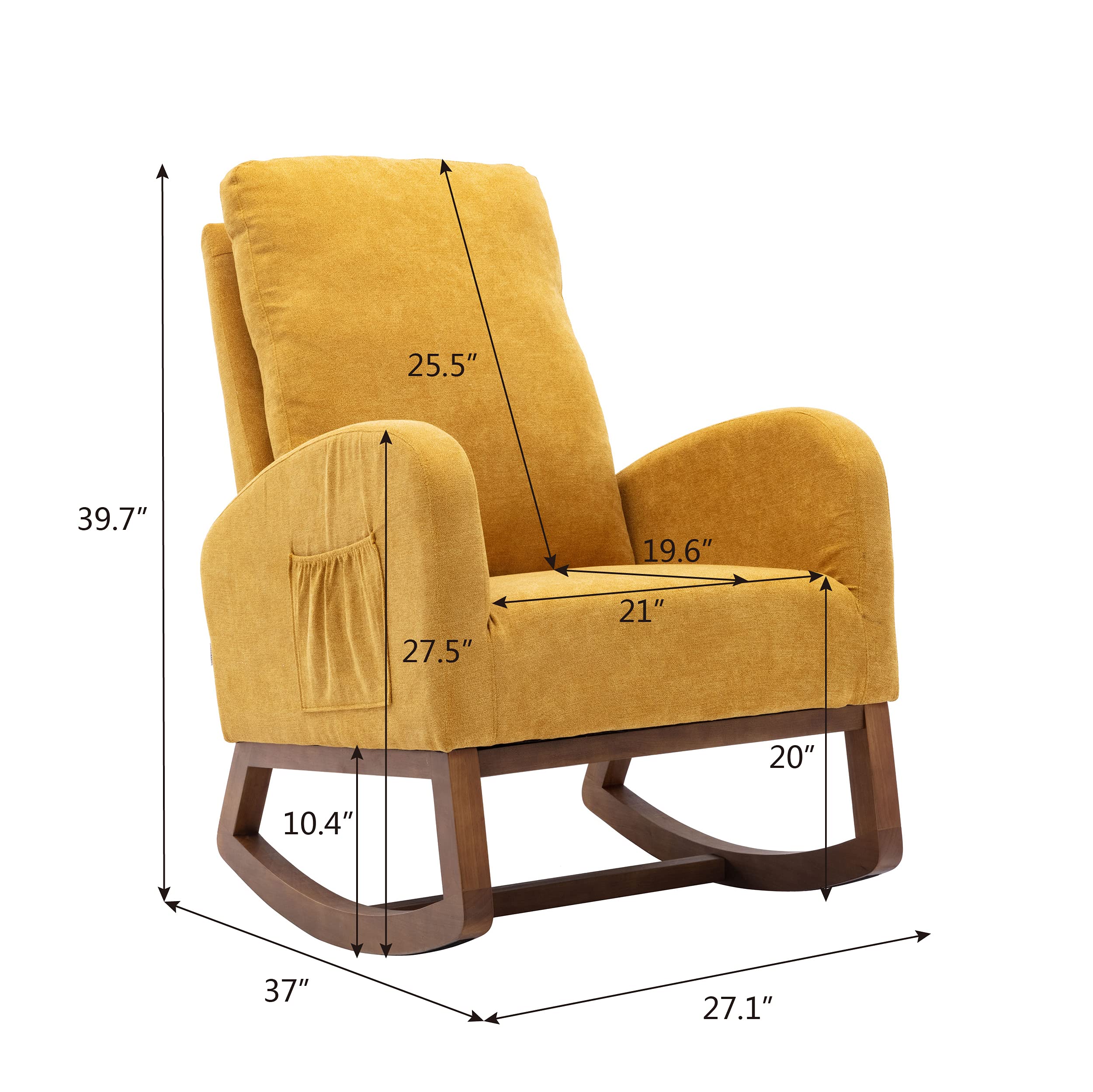 Modern Rocking Chair Nursery Glider Recliner - High Back Cushion Accent Chair for Baby Nursery, Kids Room & Living Room - Comfortable Indoor Lounge Rocker with Pocket - Perfect for Breastfeeding, Reading & Relaxing (Yellow)