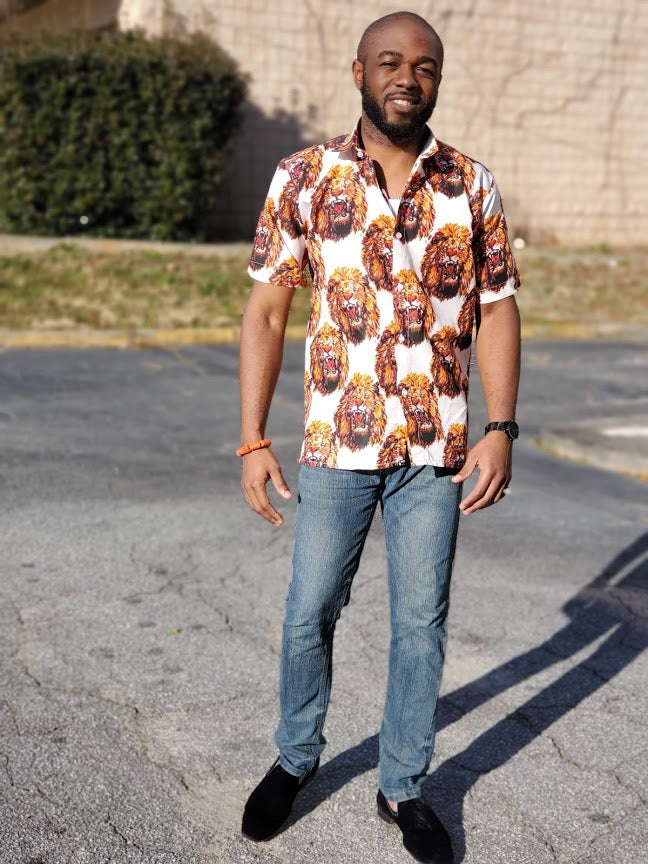 African Lion Head Print Button Down Shirt for Men - Stylish Casual & Party Wear - Perfect for Festivals, Vacations, and Cultural Events