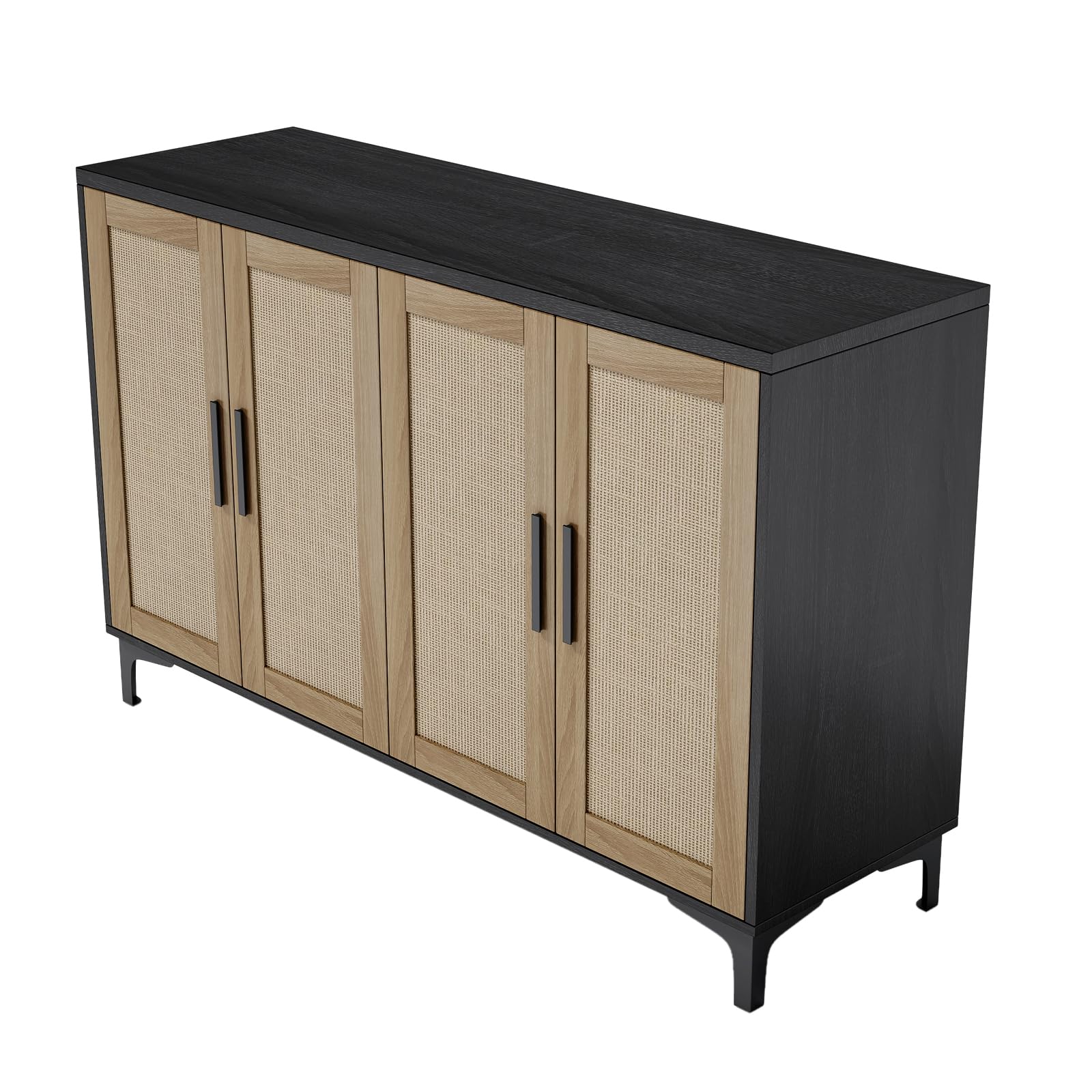 Rattan Sideboard Buffet Cabinet with Doors & Adjustable Shelves - Kitchen Storage Cabinet, Coffee Bar Console Table for Dining Room & Entryway - Black | Perfect for Small Space Organization & Home Decor