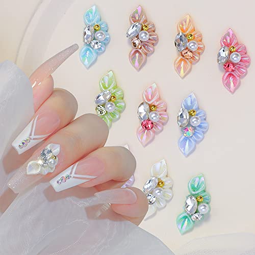 20Pcs 3D Flower Nail Charms - Acrylic Nail Art Decorations with Rhinestones & Pearls for DIY Manicure - 10 Color Mix for Nail Design, Salon & Party Nail Art Accessories