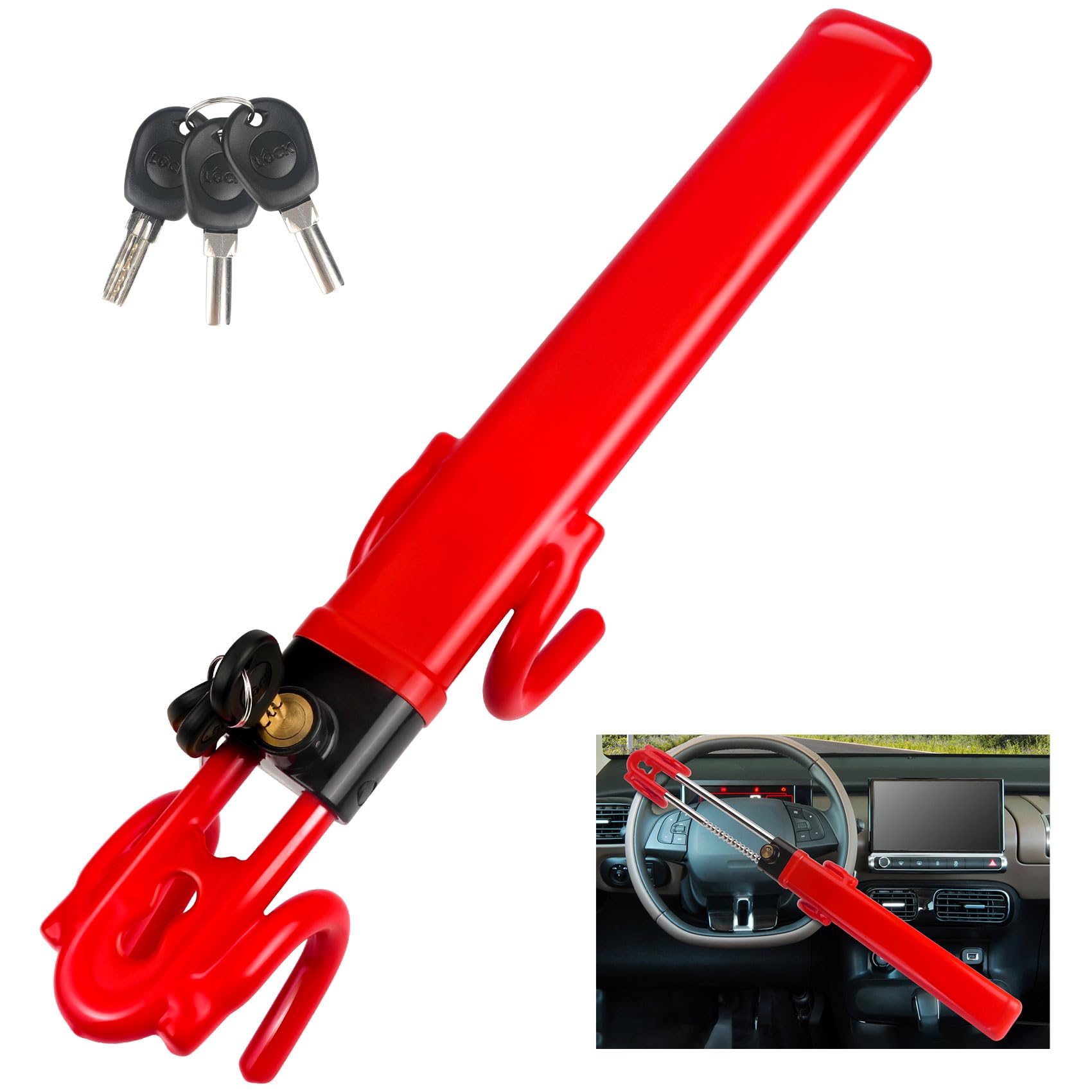 Heavy Duty Steering Wheel Lock - Anti-Theft Car Security Device with Adjustable Length Clamp & Double Row Atom Keys for Vehicle, Truck, SUV (3 Keys Included, Red) - Perfect for Parking Security & Theft Prevention